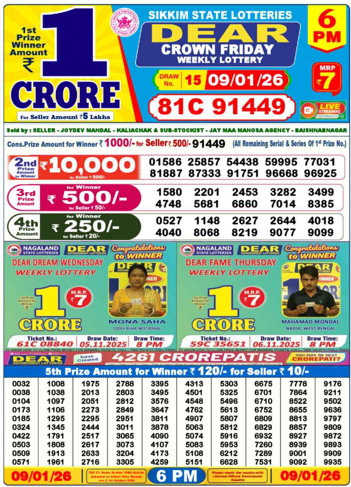 Lottery Sambad 09.01.26 Dear Lottery Result 6pm