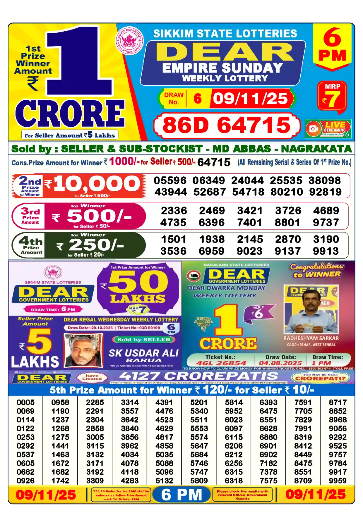 Lottery Sambad 09.11.25 Dear Lottery Result 6pm