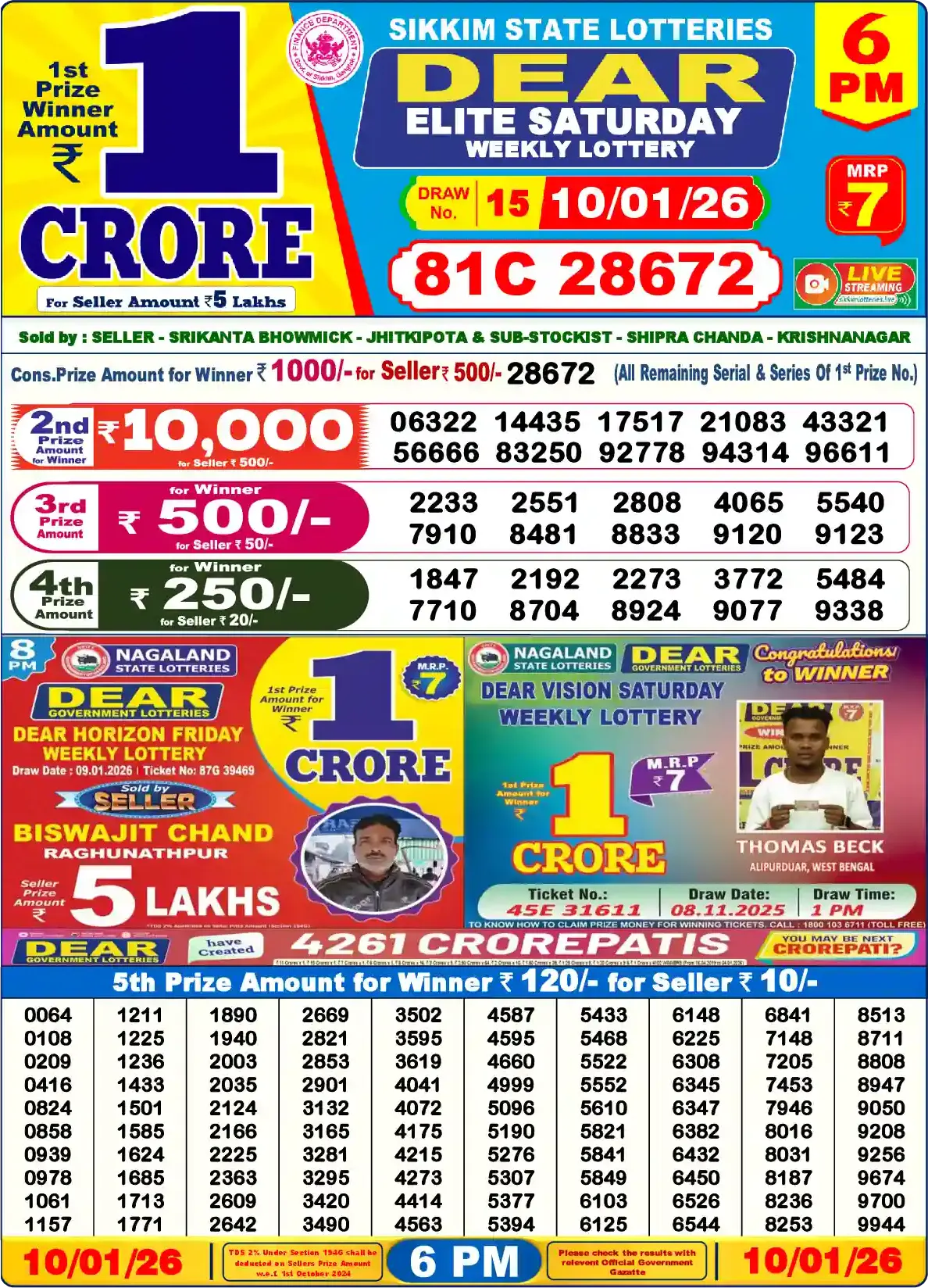 Lottery Sambad 10.01.26 Dear Lottery Result 6pm