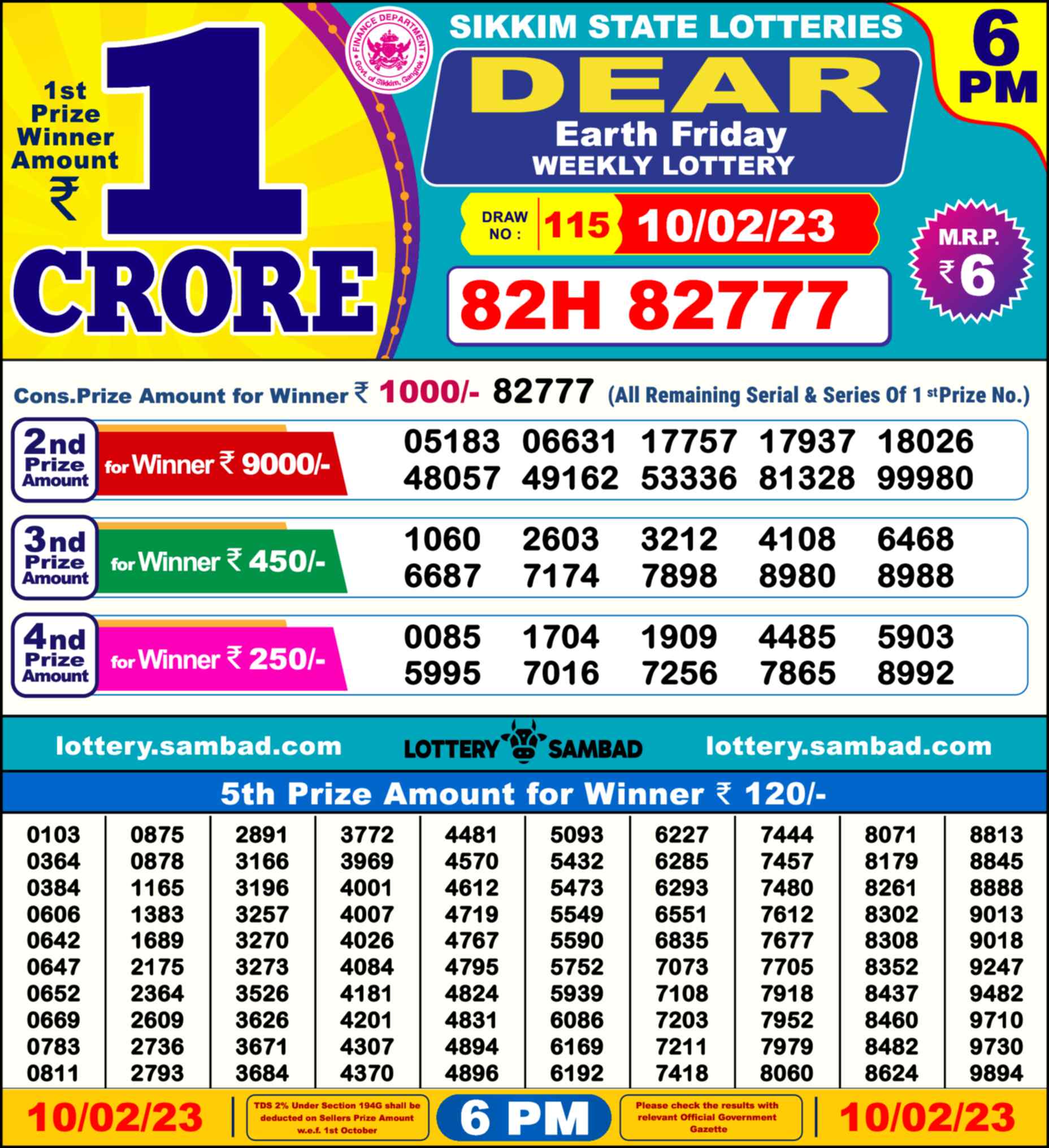 Lottery Sambad 10.02.23 Dear Lottery Result 6pm