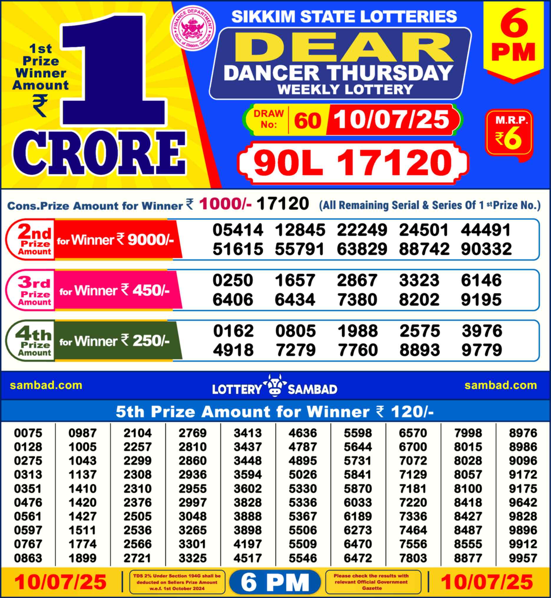 Lottery Sambad Yesterday Result 6:00 PM 10 July 2025