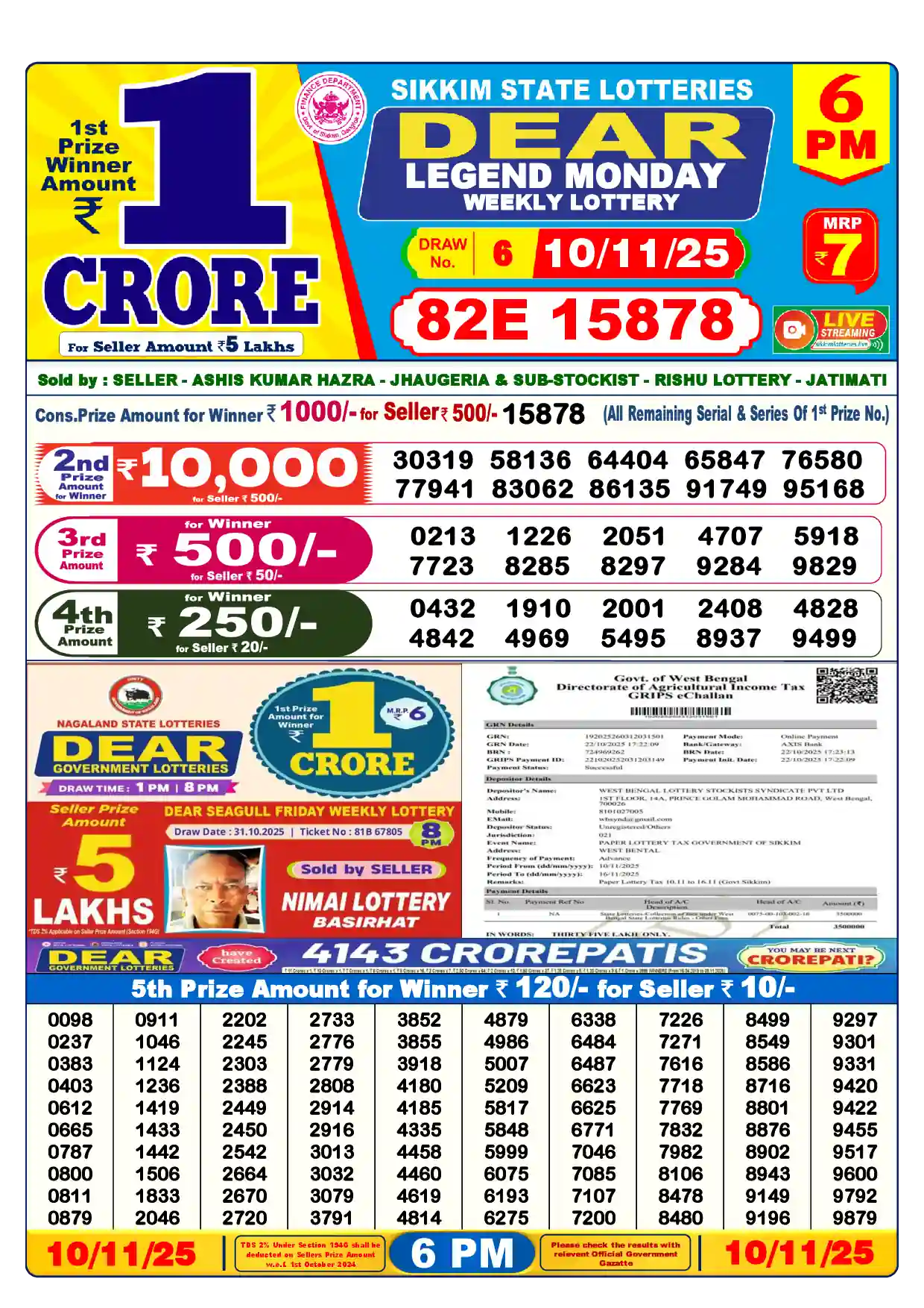 Lottery Sambad 10.11.25 Dear Lottery Result 6pm