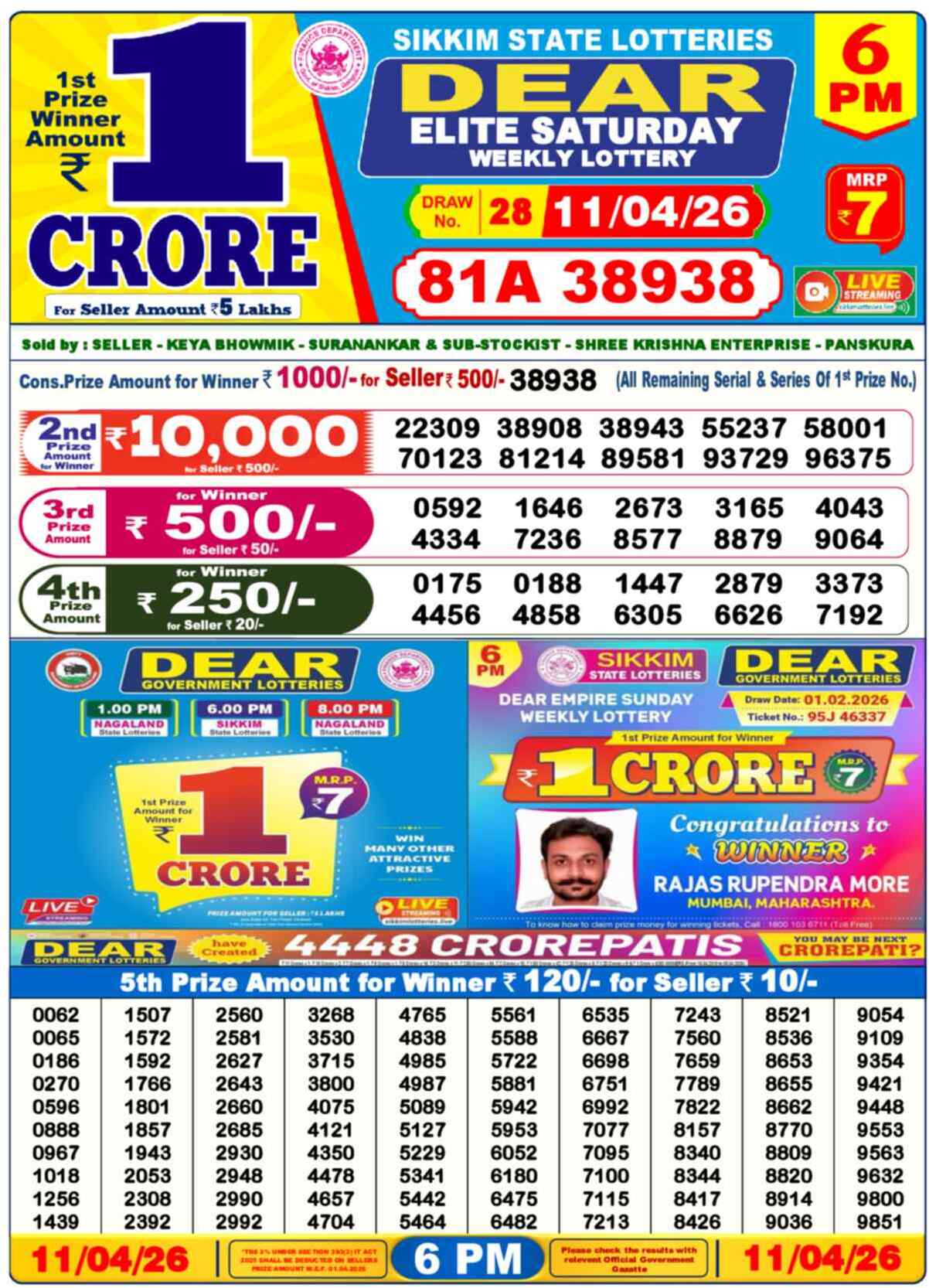Lottery Sambad Today Result 6pm 11 April 2026