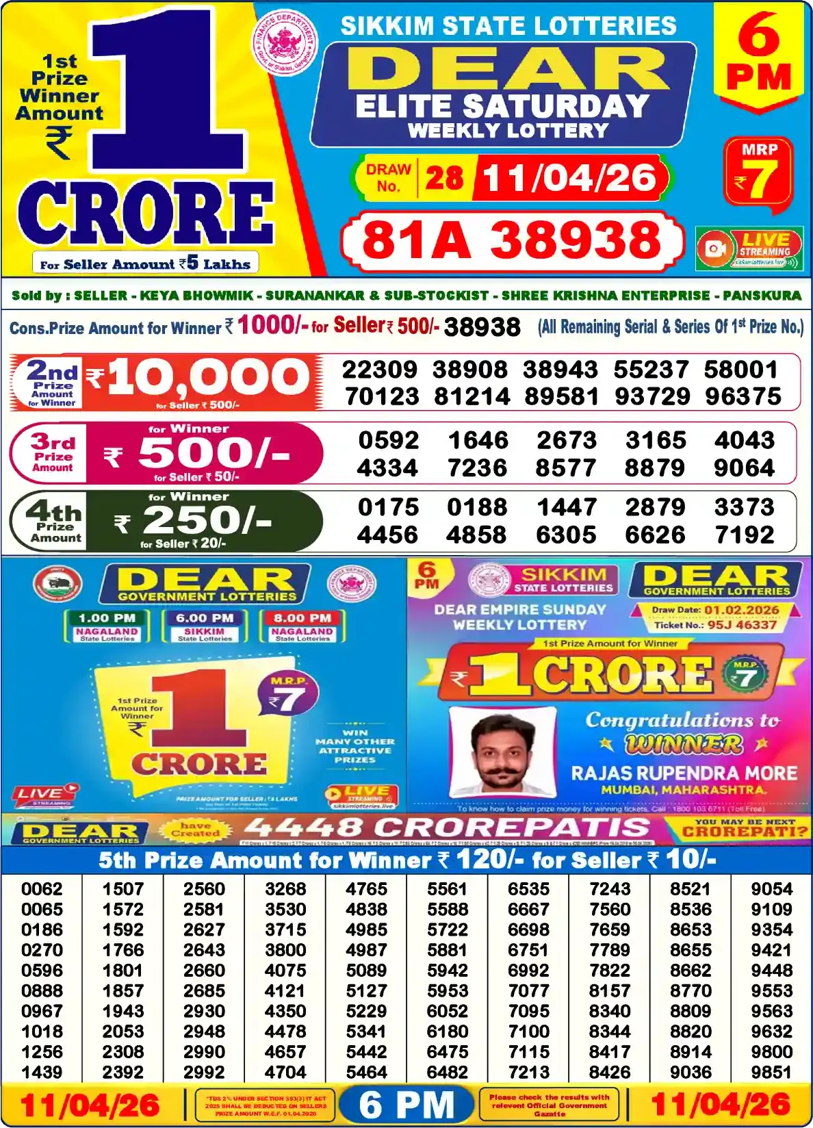 Lottery Sambad 11.04.26 Dear Lottery Result 6pm