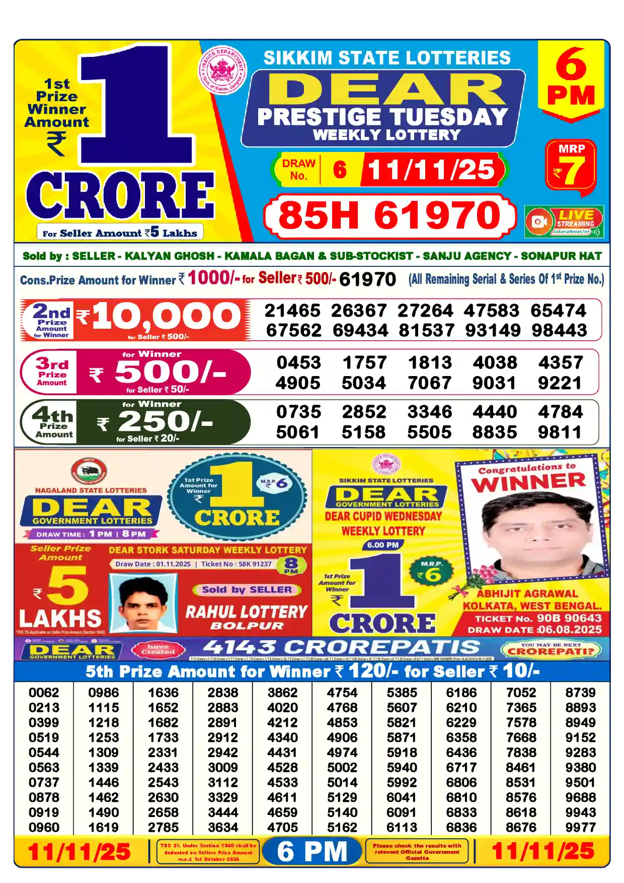 Lottery Sambad 11.11.25 Dear Lottery Result 6pm
