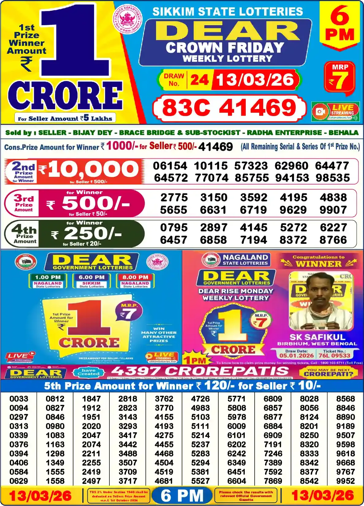 Lottery Sambad 13.03.26 Dear Lottery Result 6pm