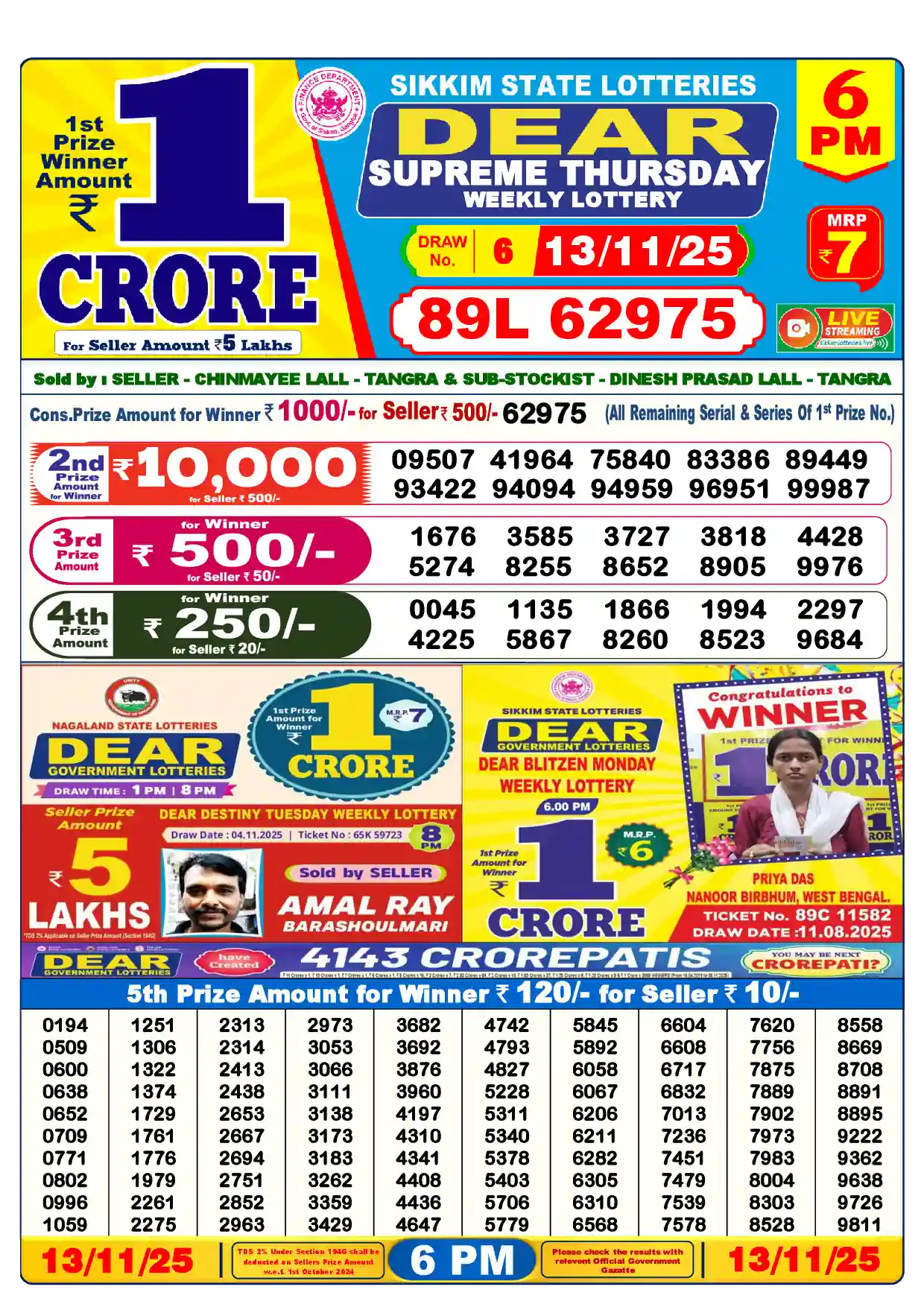 Lottery Sambad 13.11.25 Dear Lottery Result 6pm
