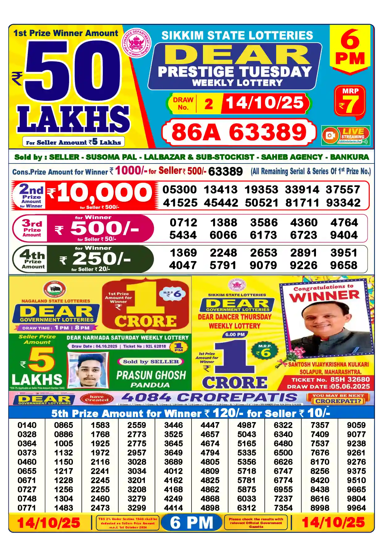 Lottery Sambad 14.10.25 Dear Lottery Result 6pm