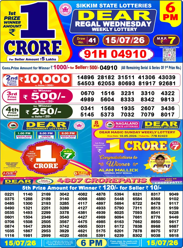 Lottery Sambad Today Result 6pm 15 July 2026