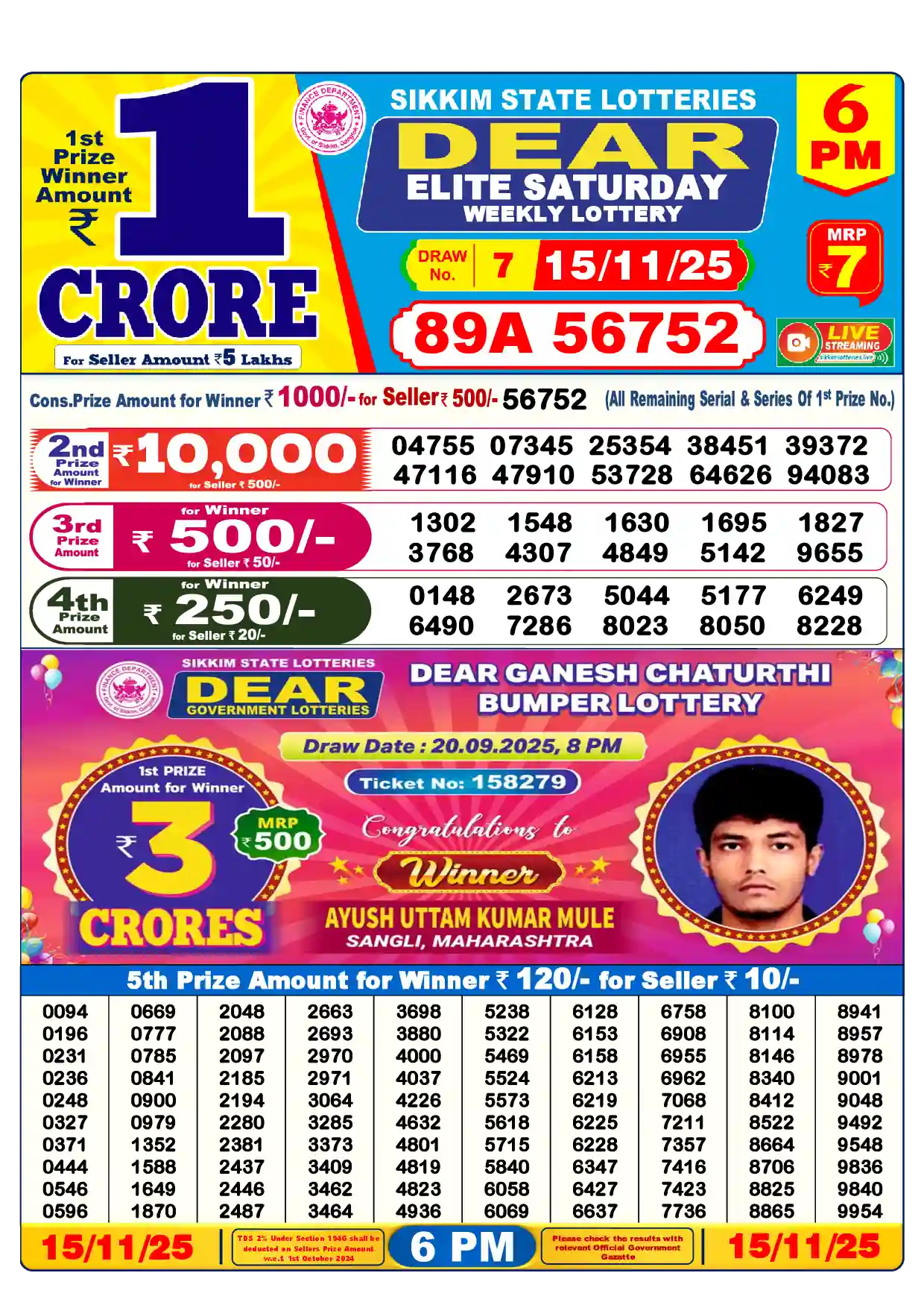 Lottery Sambad 15.11.25 Dear Lottery Result 6pm