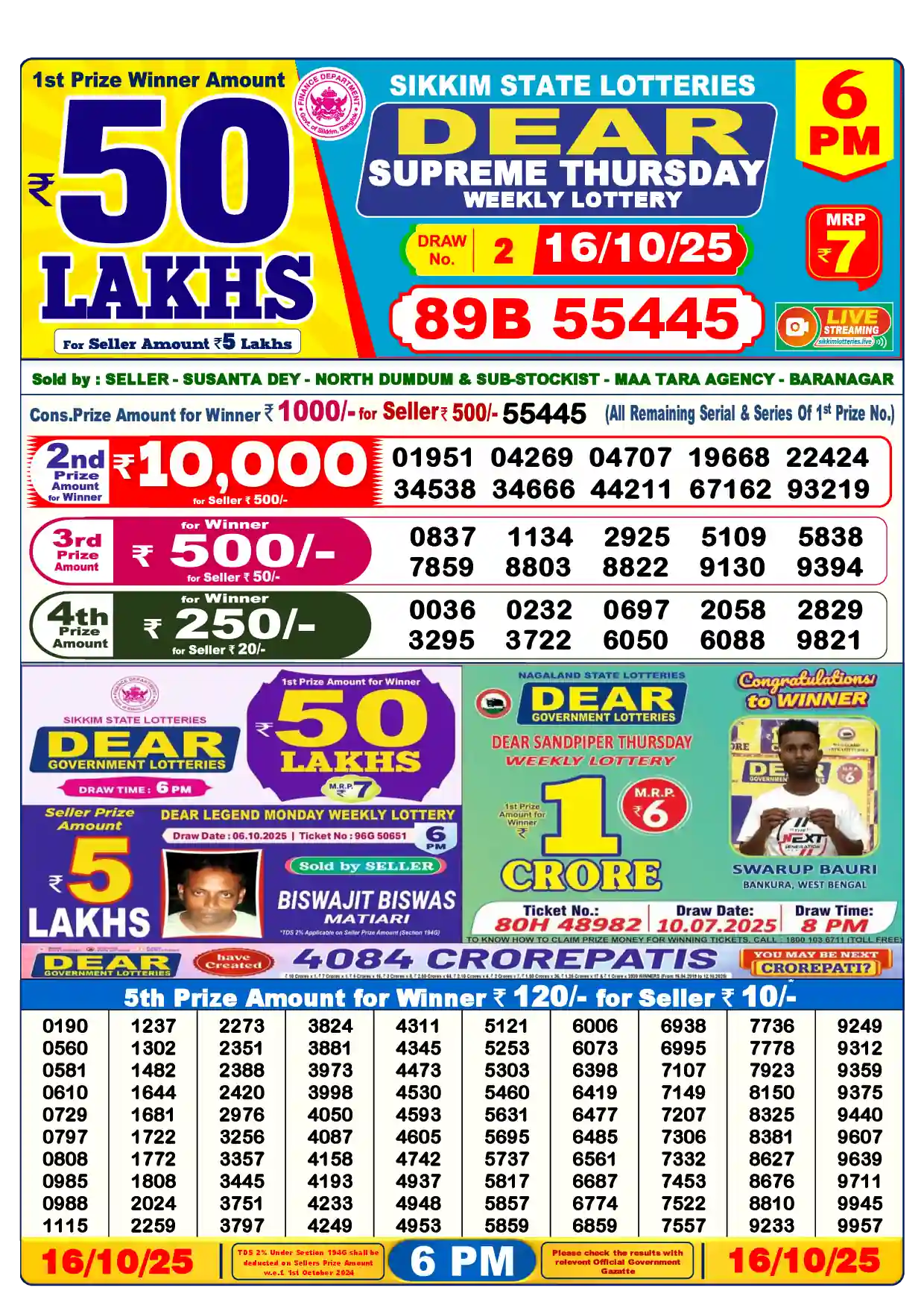 Lottery Sambad 16.10.25 Dear Lottery Result 6pm
