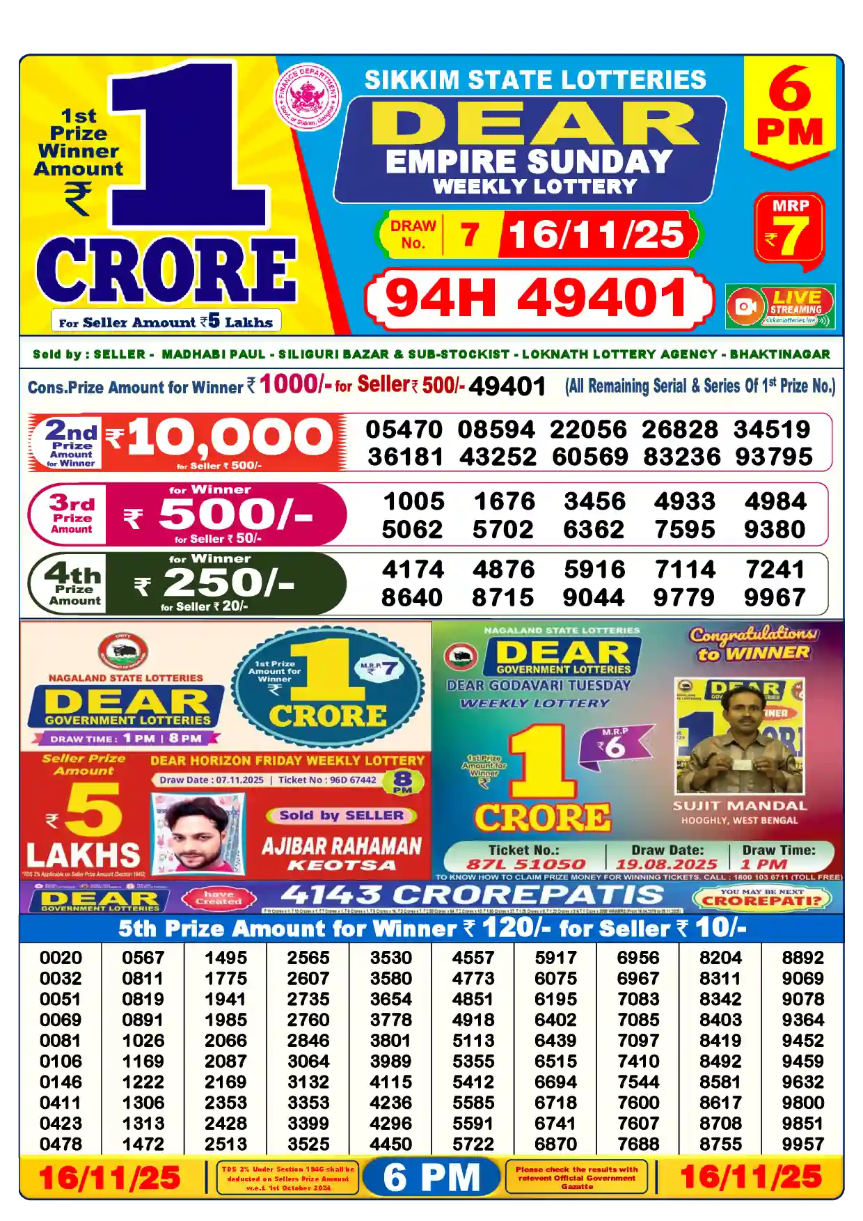 Lottery Sambad 16.11.25 Dear Lottery Result 6pm