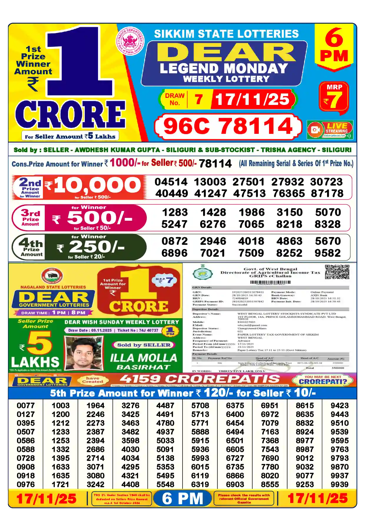 Lottery Sambad 17.11.25 Dear Lottery Result 6pm