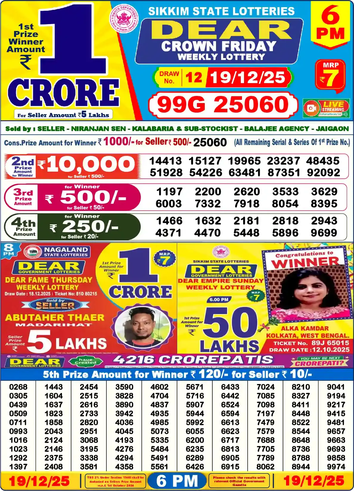 Lottery Sambad 19.12.25 Dear Lottery Result 6pm