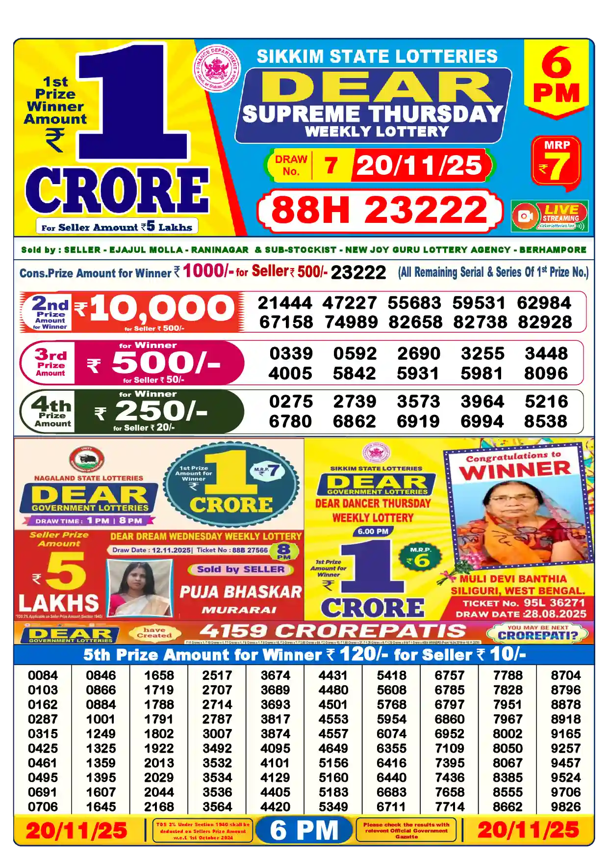 Lottery Sambad 20.11.25 Dear Lottery Result 6pm