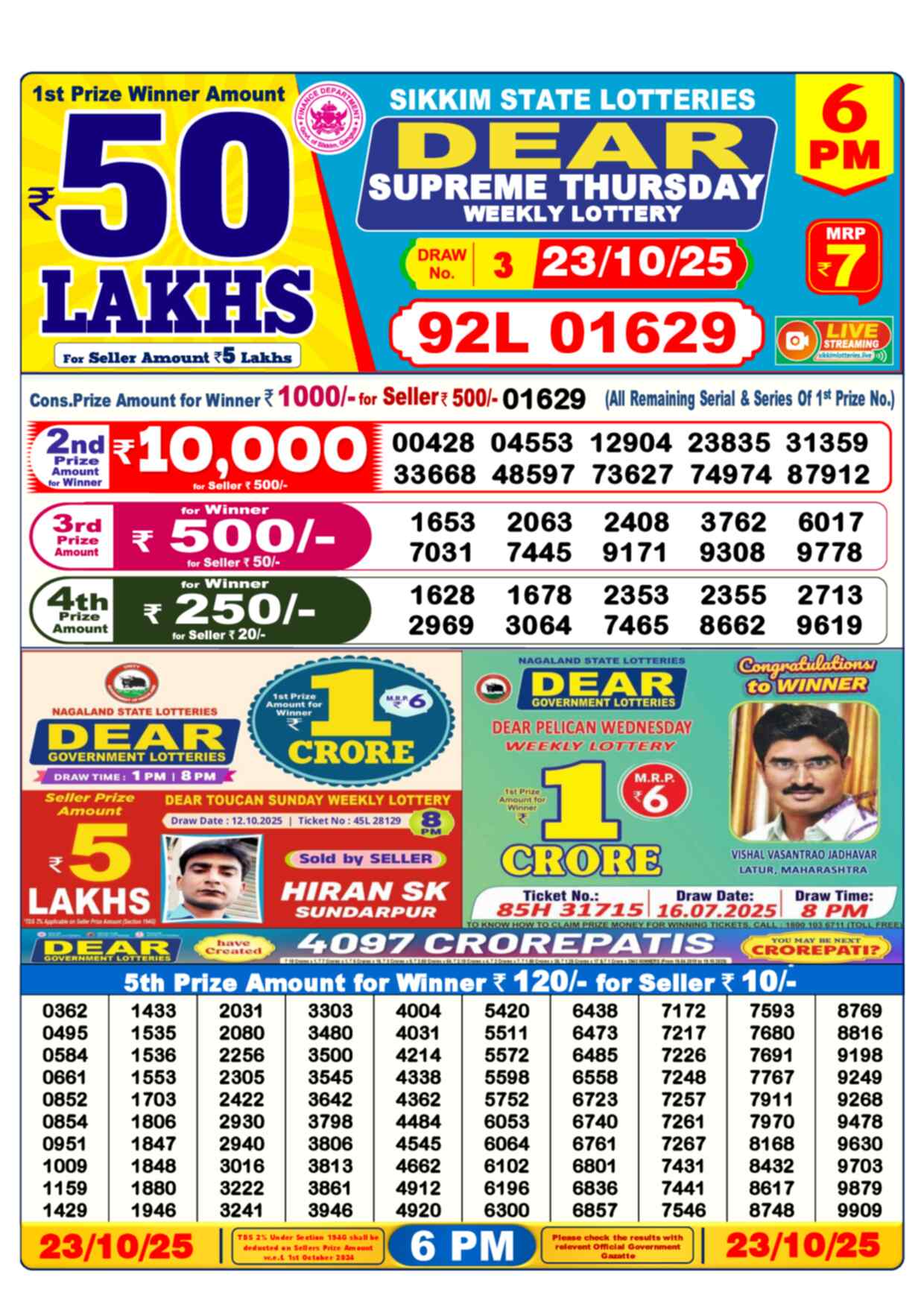 Lottery Sambad 23.10.25 Dear Lottery Result 6pm