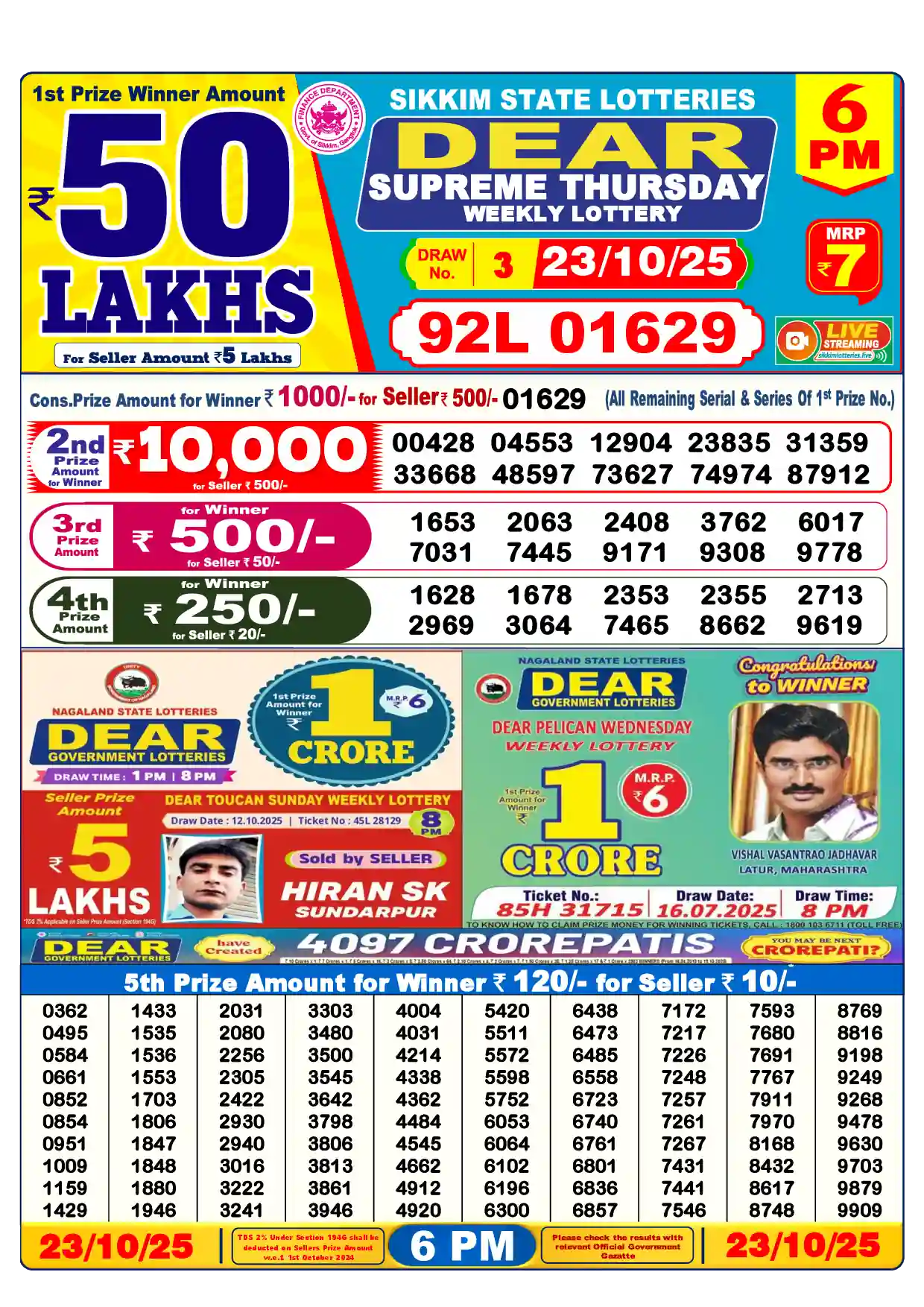 Lottery Sambad 23.10.25 Dear Lottery Result 6pm