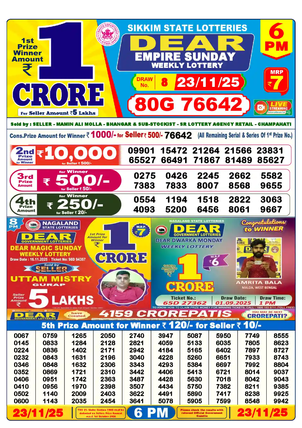 Lottery Sambad 23.11.25 Dear Lottery Result 6pm