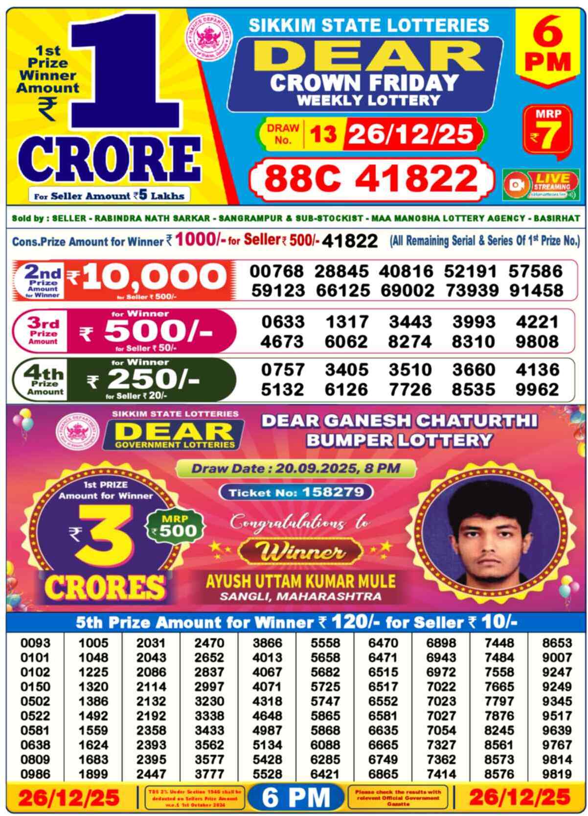 Lottery Sambad Yesterday Result 6pm 26 December 2025