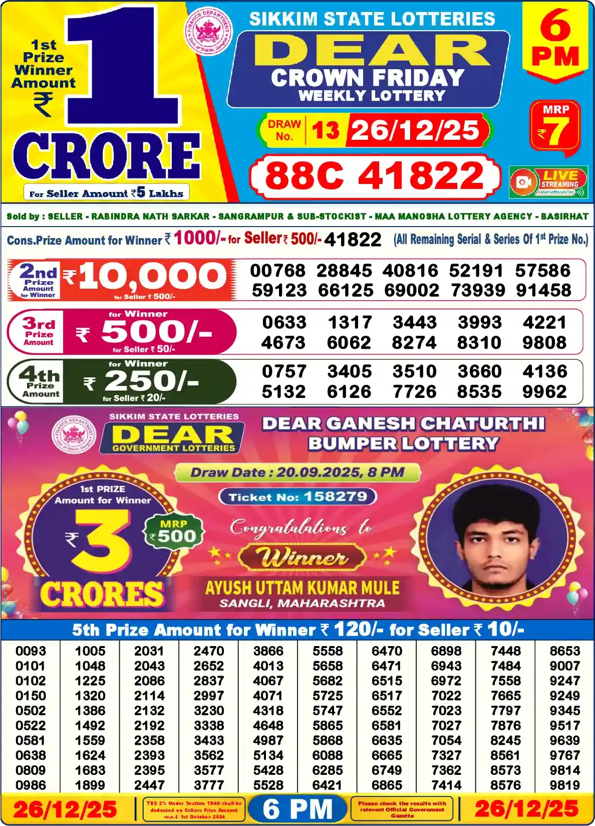 Lottery Sambad 26.12.25 Dear Lottery Result 6pm