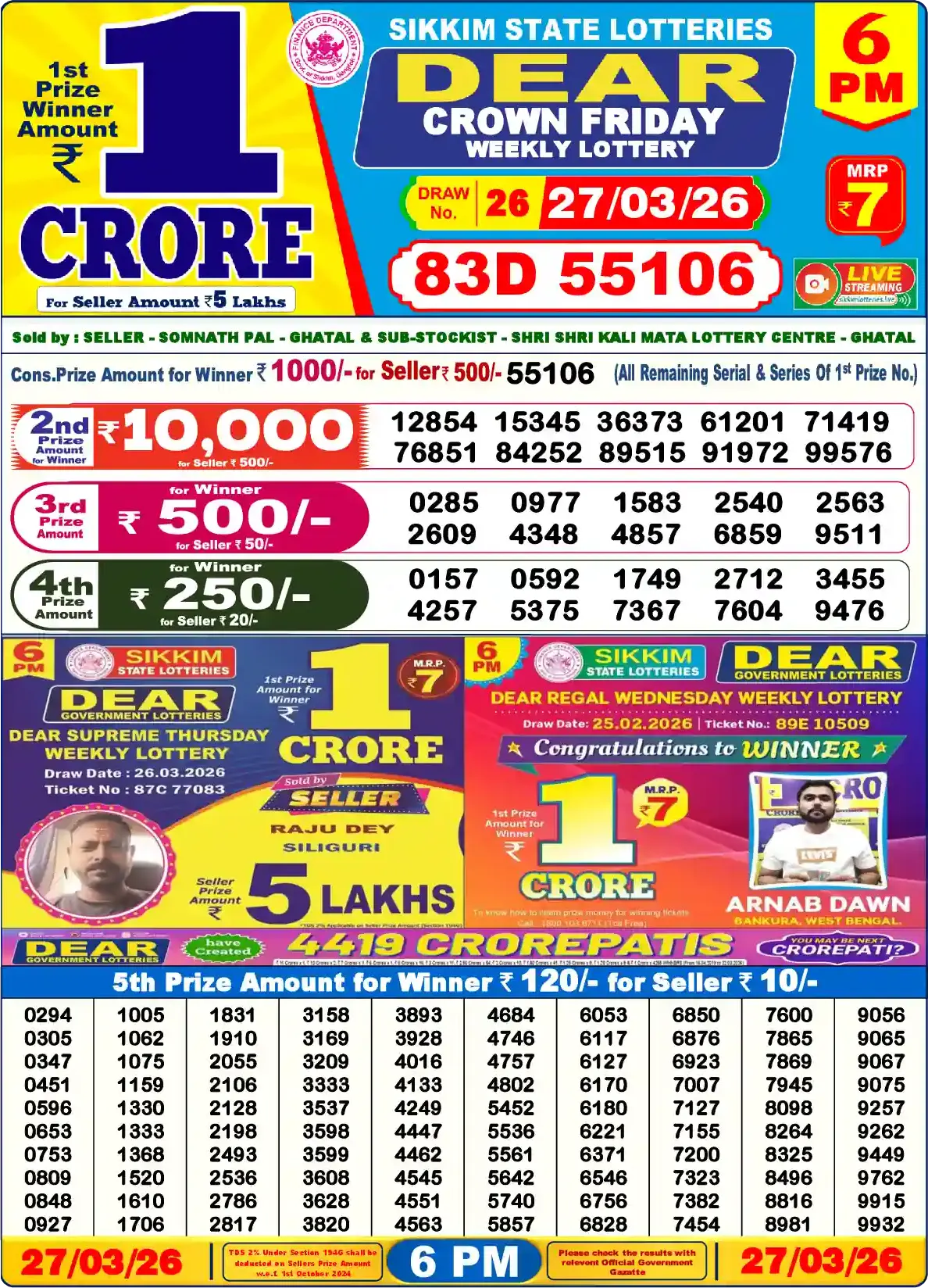 Lottery Sambad 27.03.26 Dear Lottery Result 6pm