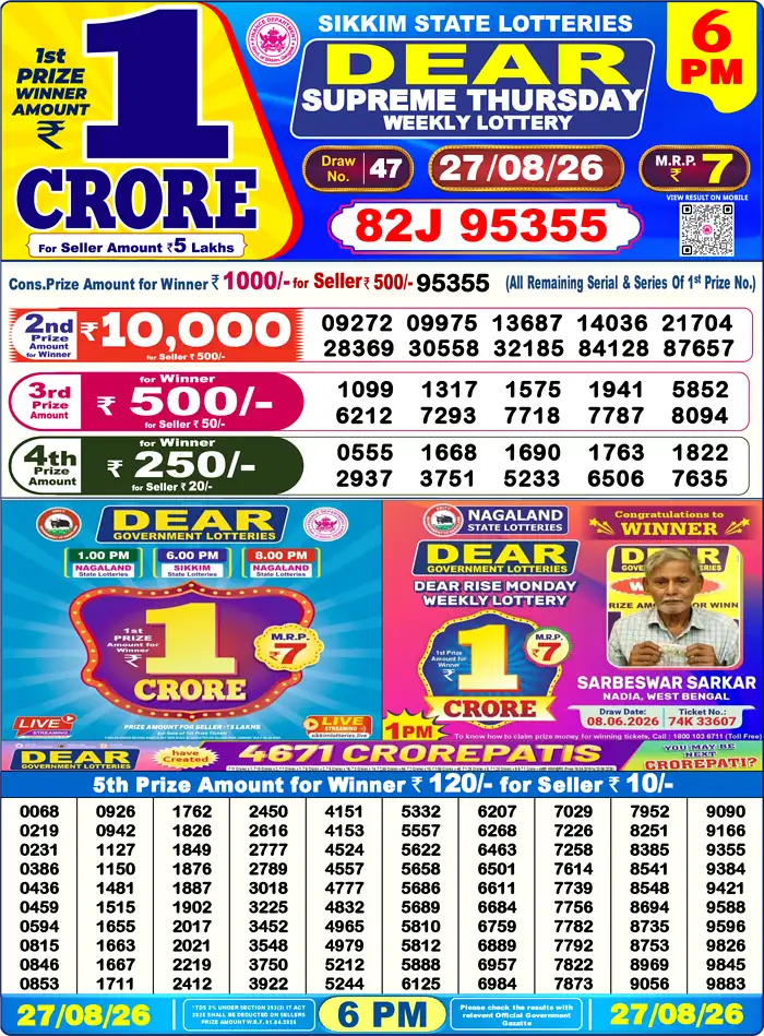 Lottery Sambad Yesterday Result 1:00 PM 27 August 2026
