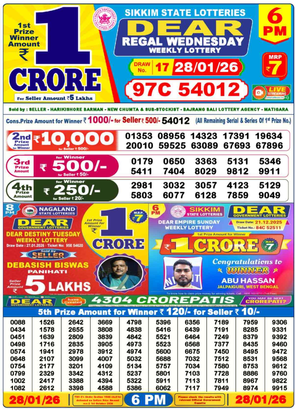 Lottery Sambad 28.01.26 Dear Lottery Result 6pm