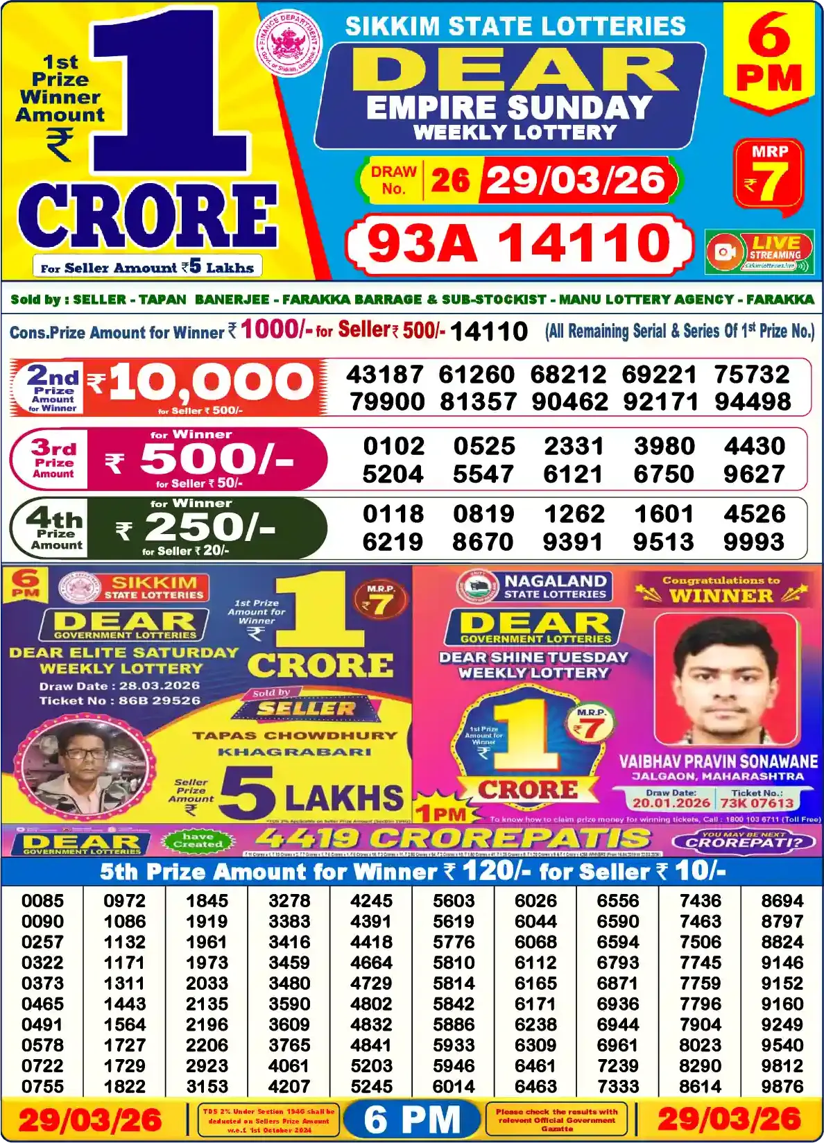 Lottery Sambad 29.03.26 Dear Lottery Result 6pm