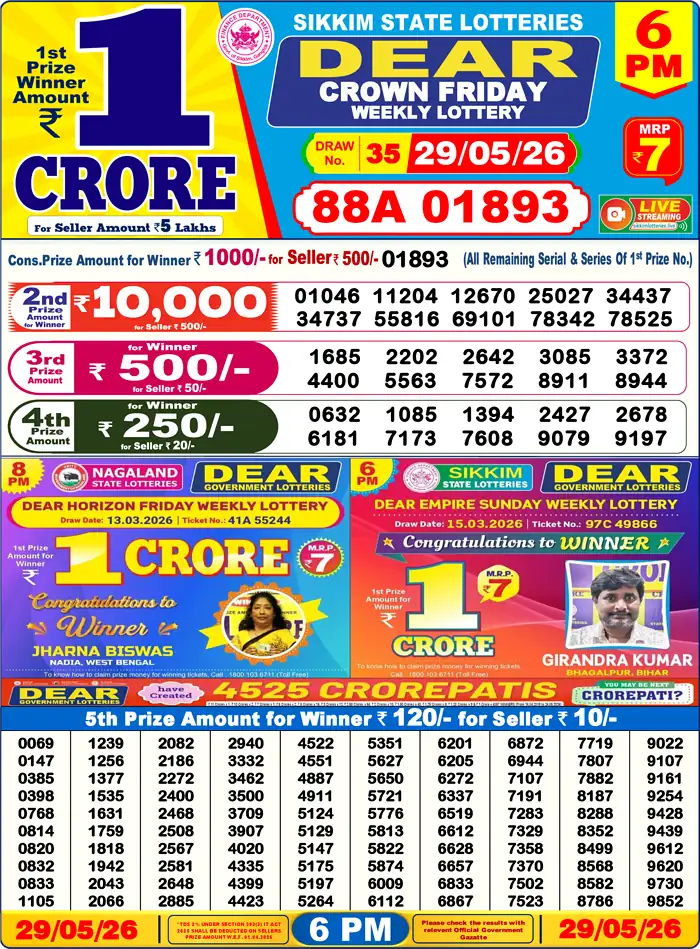 Lottery Sambad 29.05.26 Dear Lottery Result 6pm