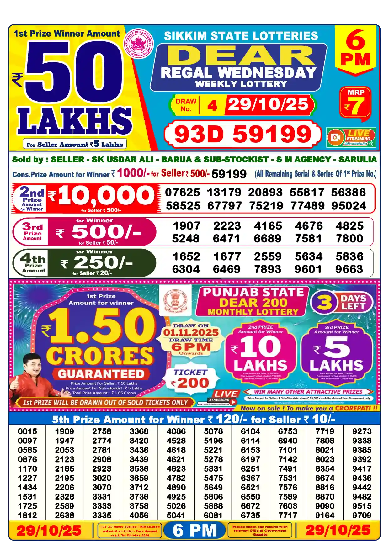 Lottery Sambad 29.10.25 Dear Lottery Result 6pm