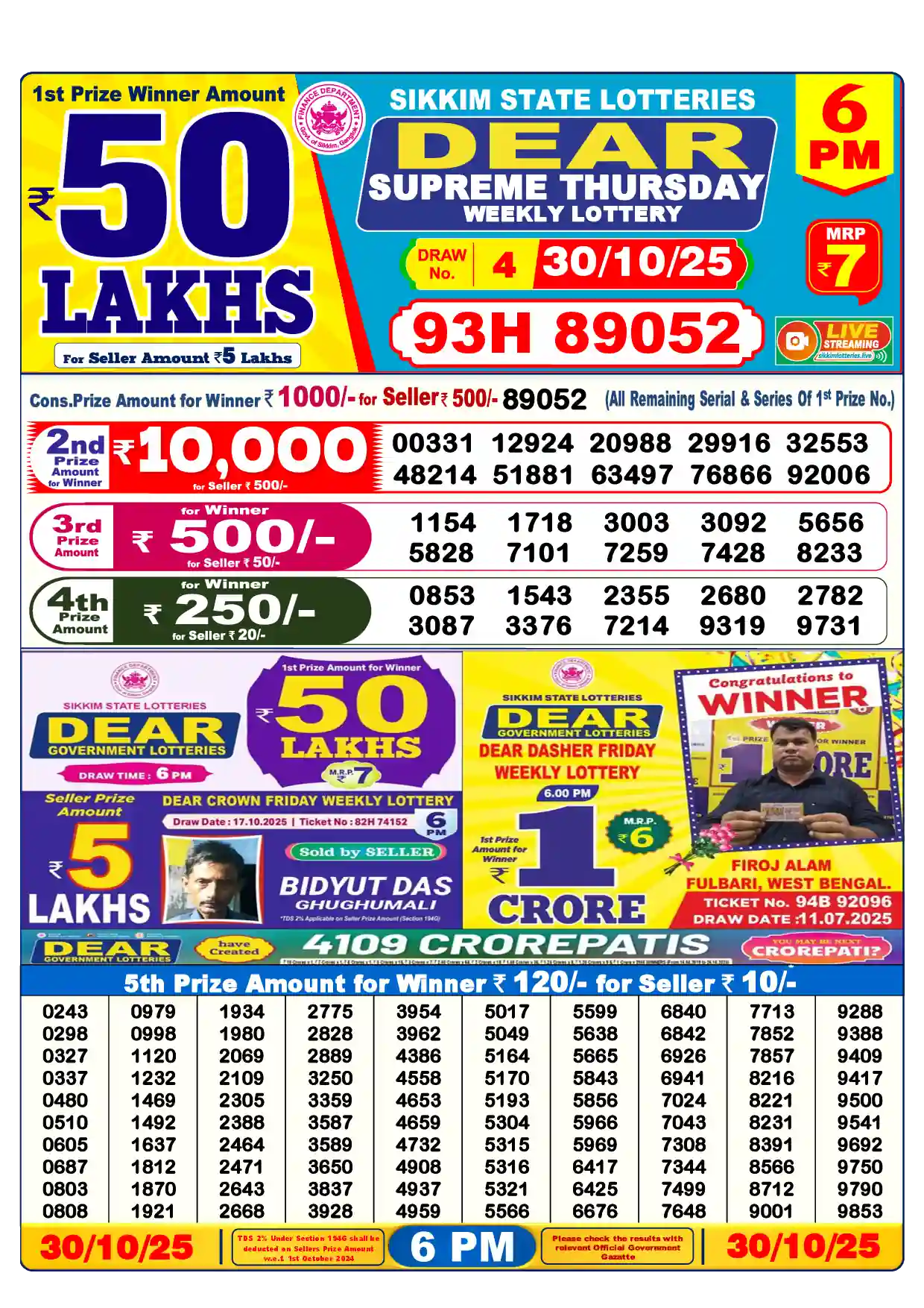Lottery Sambad 30.10.25 Dear Lottery Result 6pm