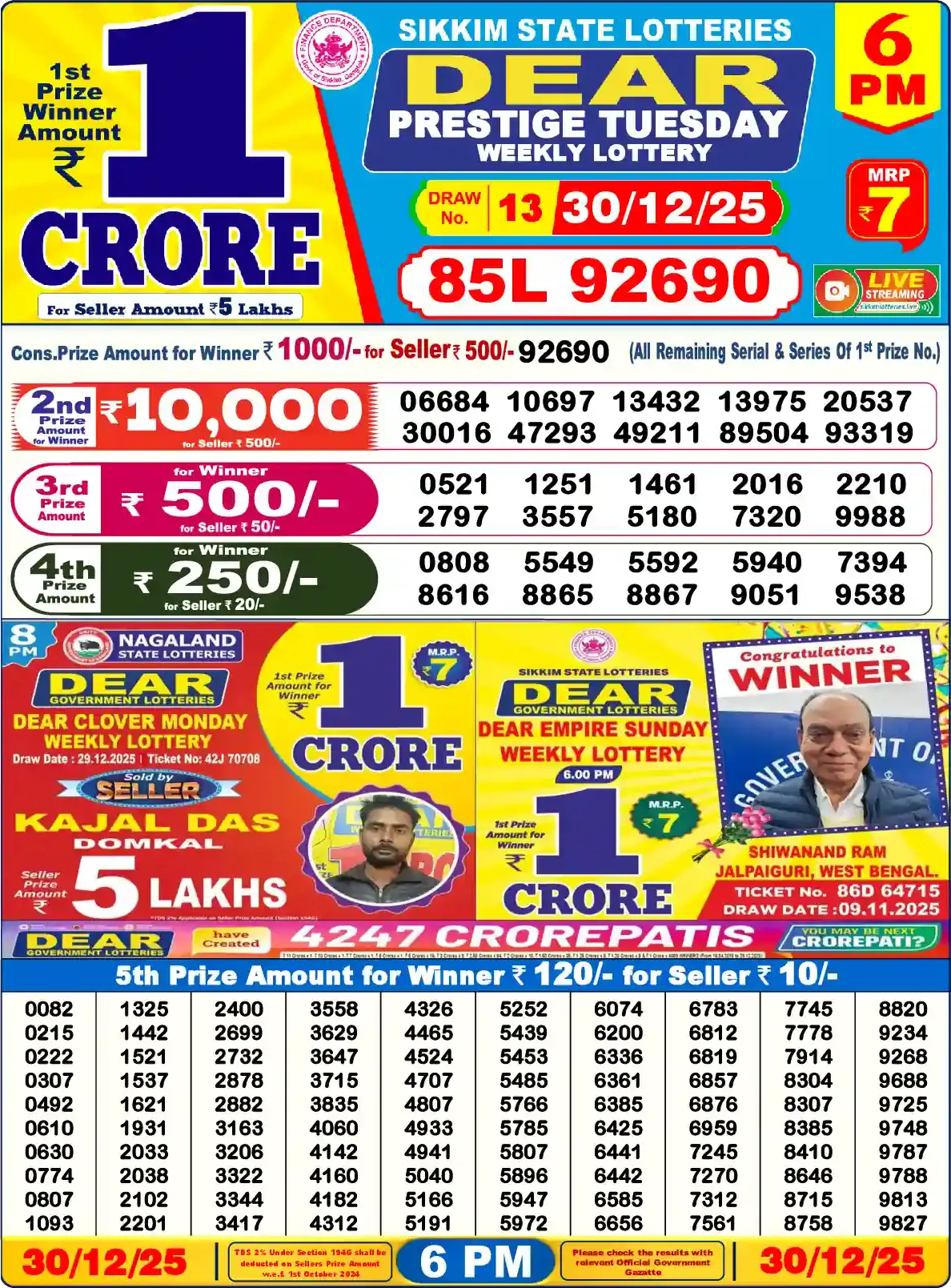 Lottery Sambad 30.12.25 Dear Lottery Result 6pm