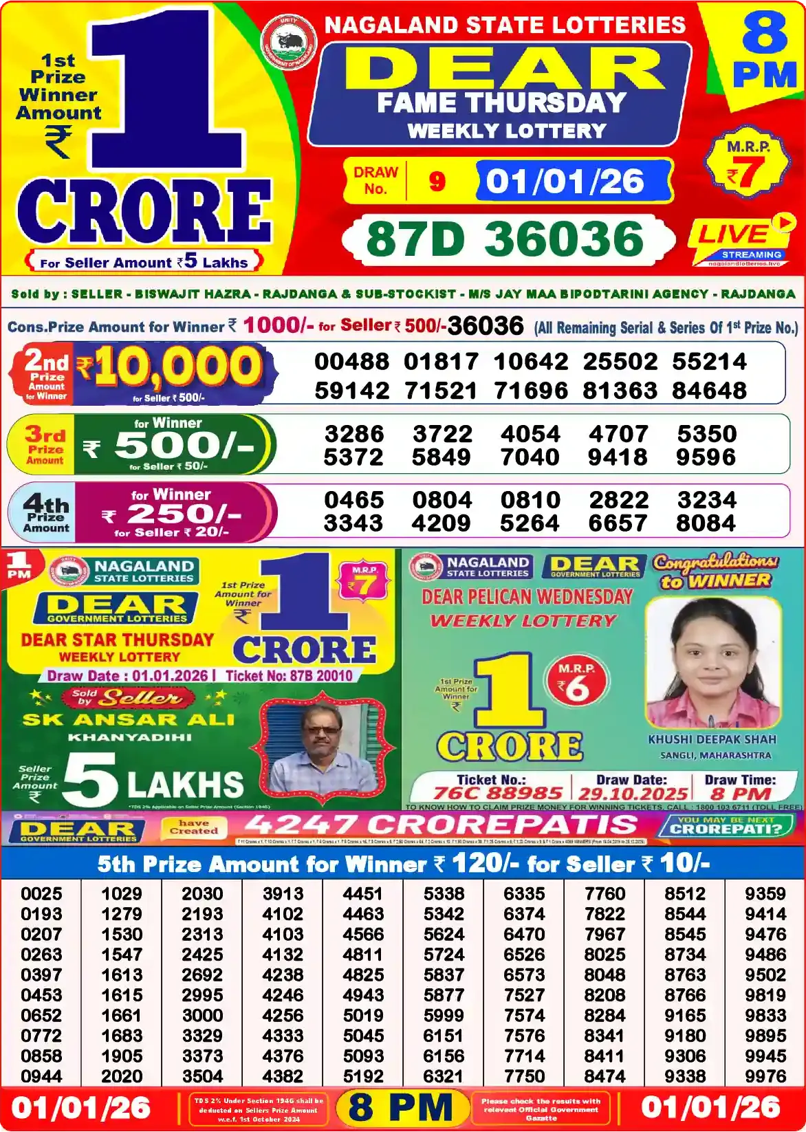 Lottery Sambad 01.01.26 Dear Lottery Result 8pm