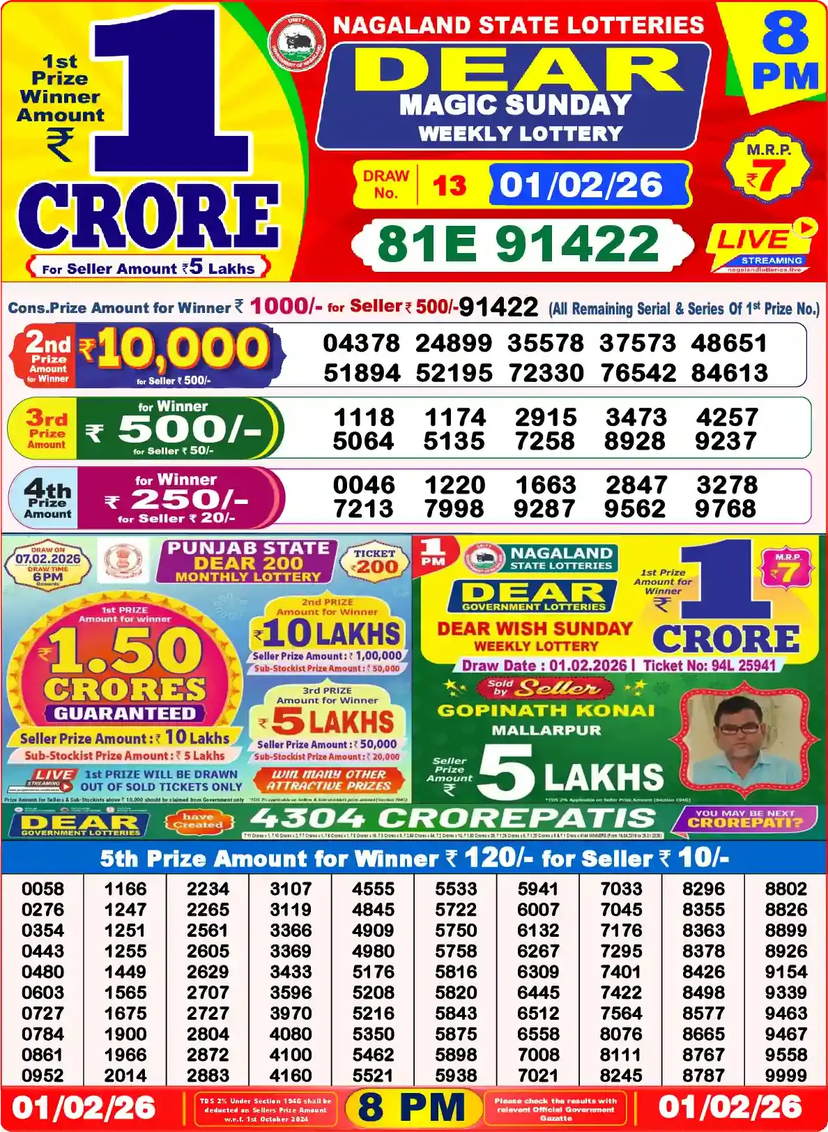 Lottery Sambad 01.02.26 Dear Lottery Result 8pm