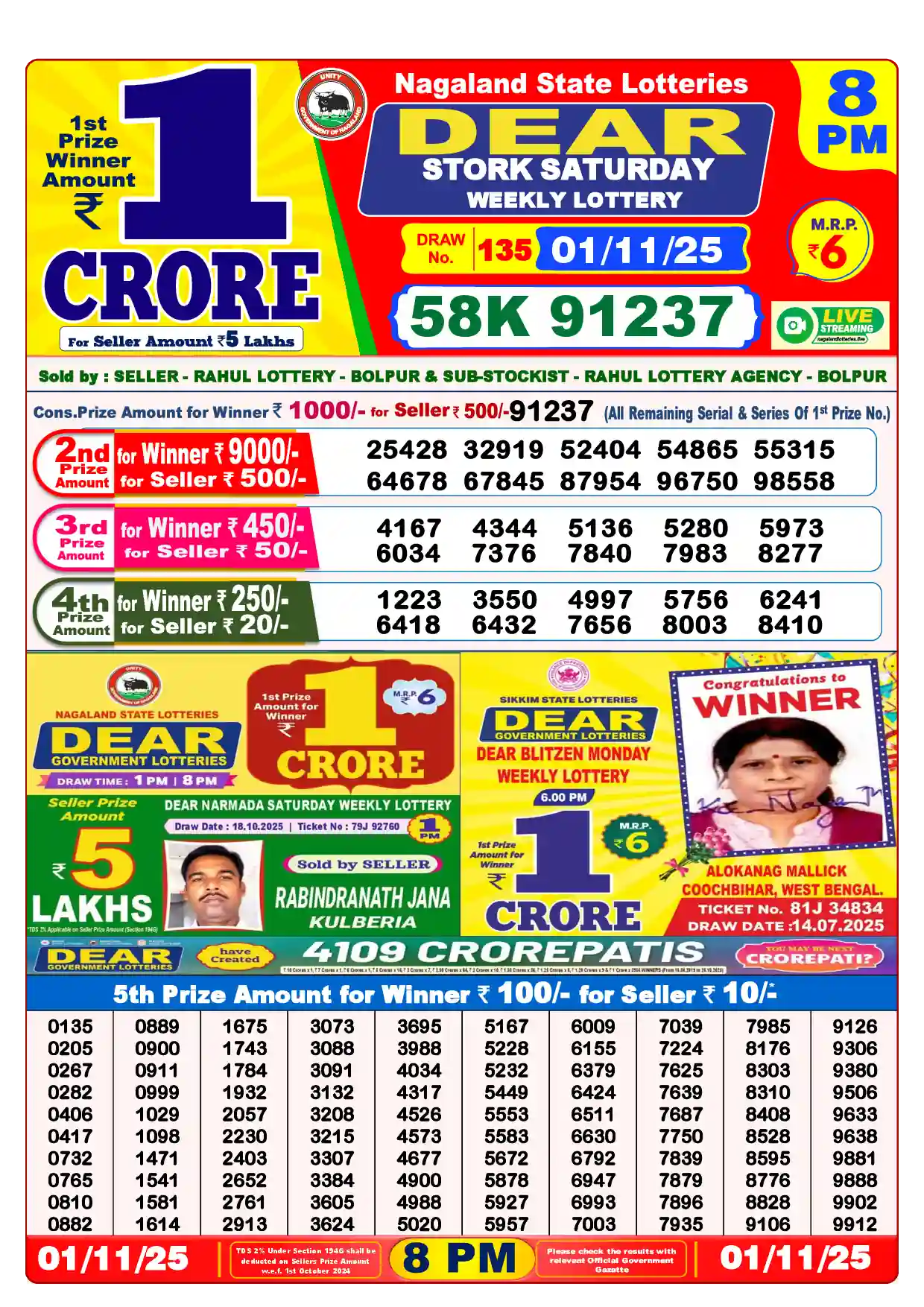 Lottery Sambad 01.11.25 Dear Lottery Result 8pm