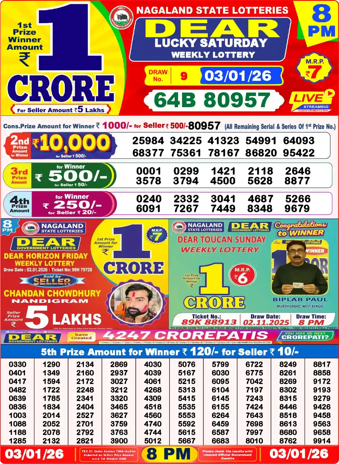 Lottery Sambad 03.01.26 Dear Lottery Result 8pm