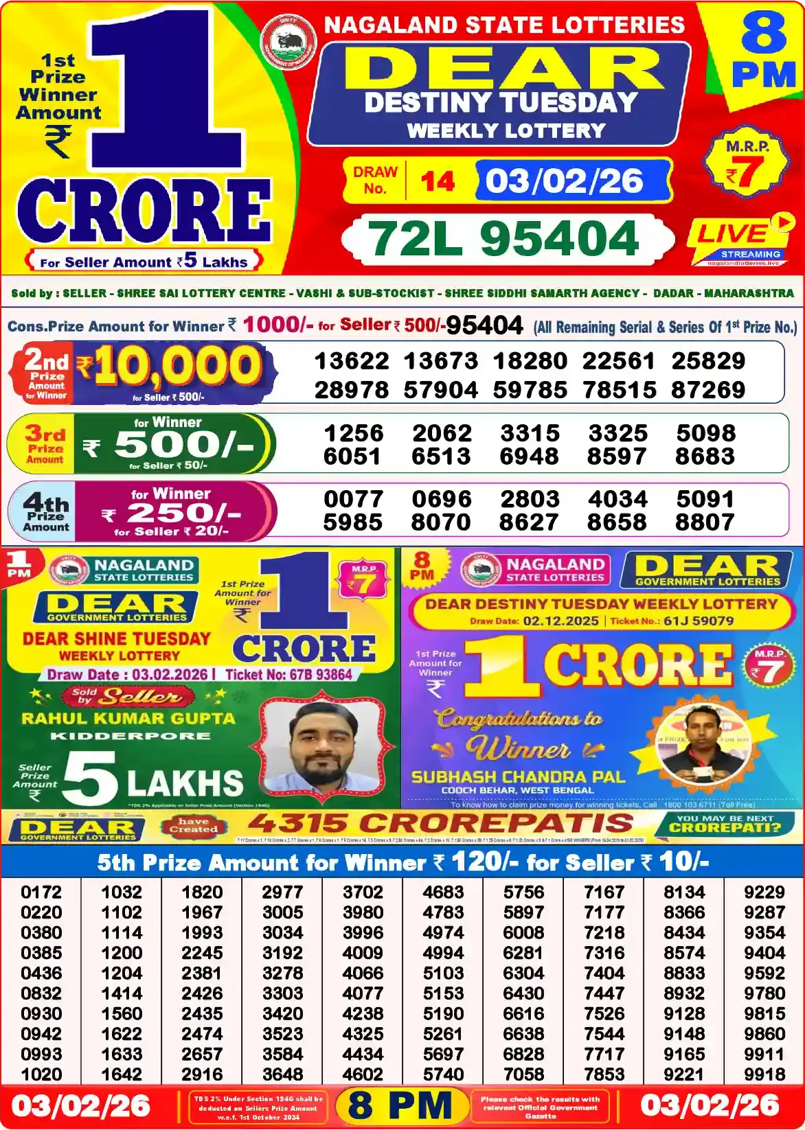 Lottery Sambad 03.02.26 Dear Lottery Result 8pm