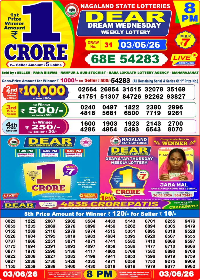 Lottery Sambad 03.06.26 Dear Lottery Result 8pm