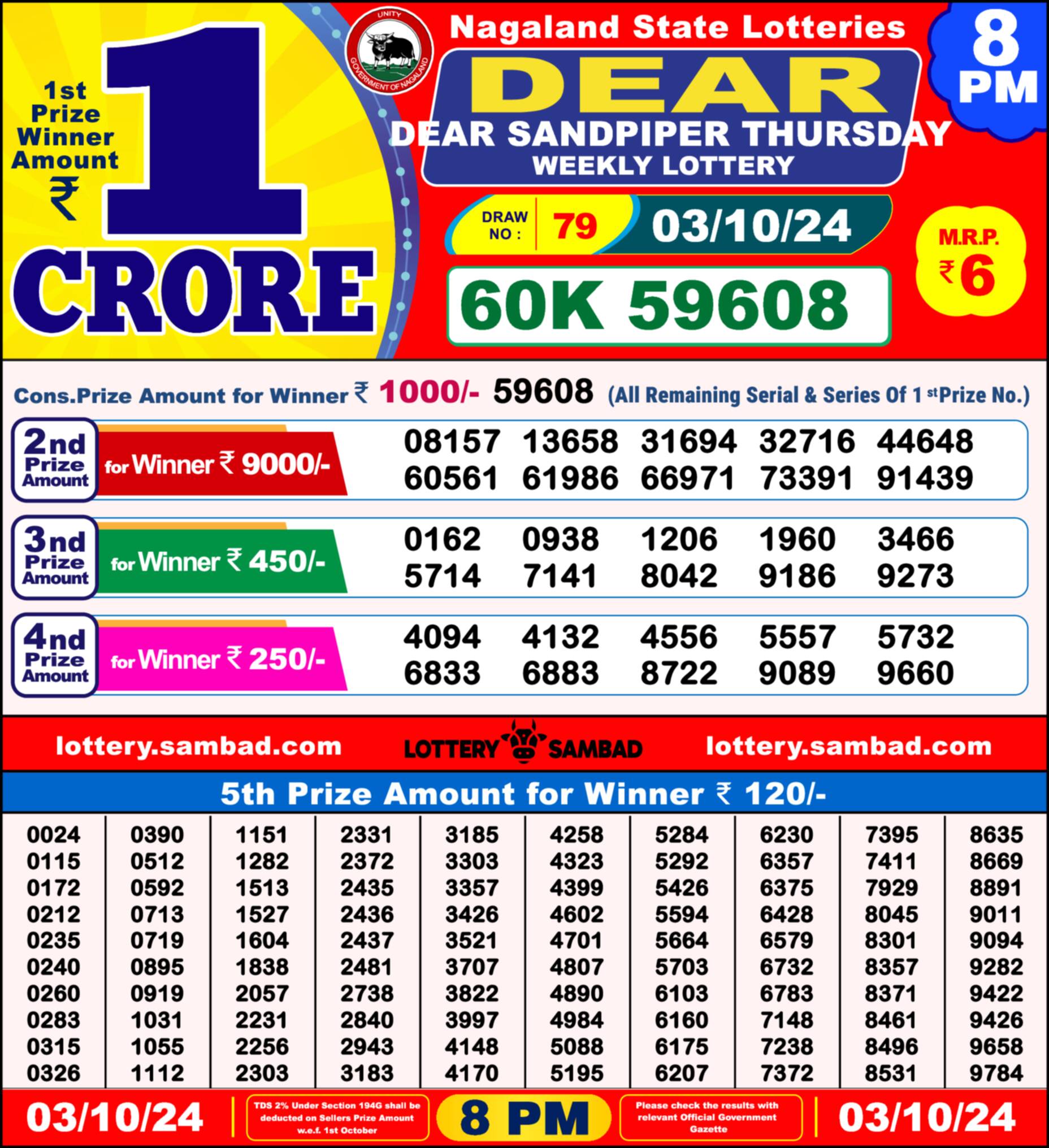 Lottery Sambad 03.10.24 Dear Lottery Result 8pm