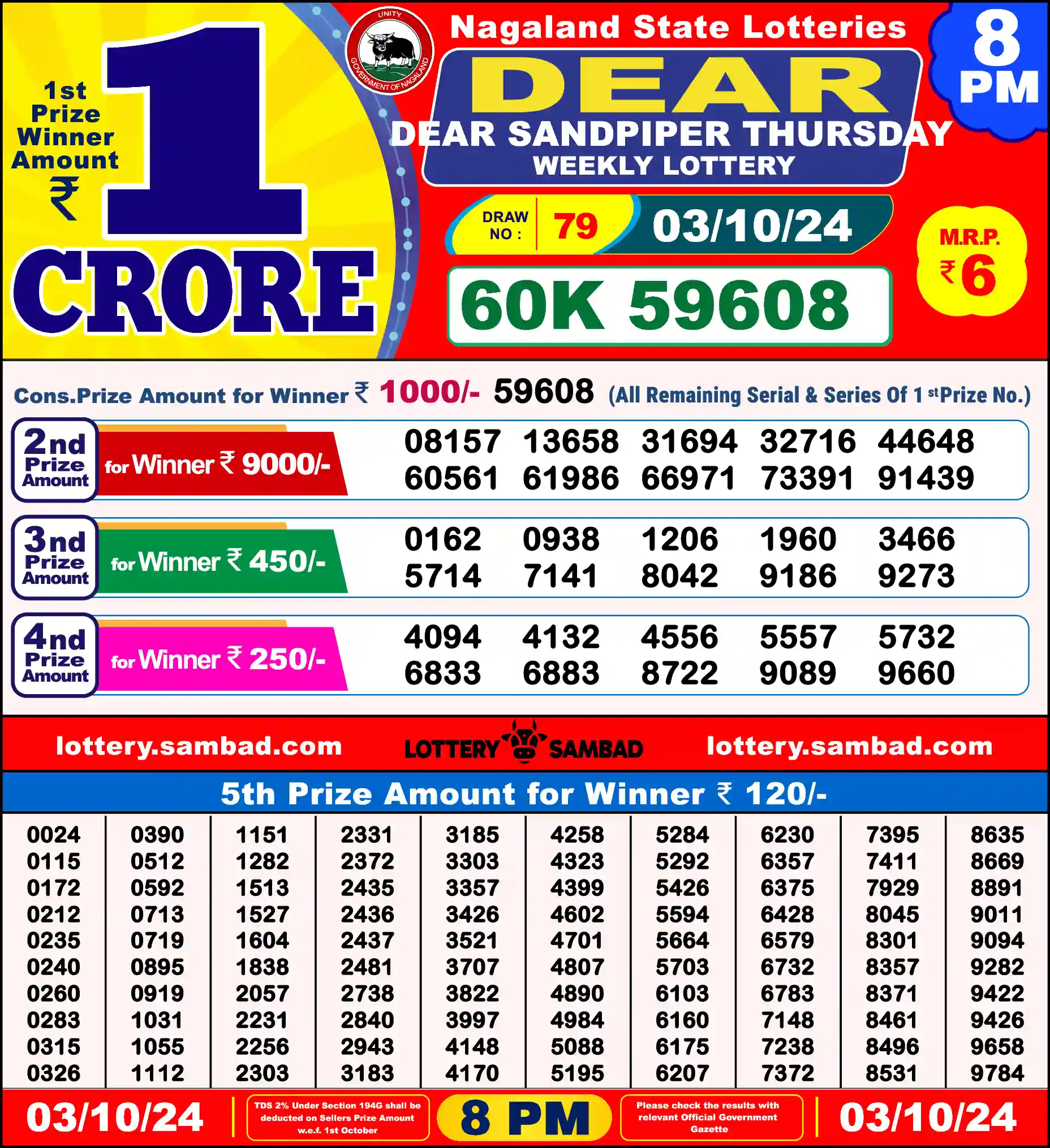 Lottery Sambad 03.10.24 Dear Lottery Result 8pm