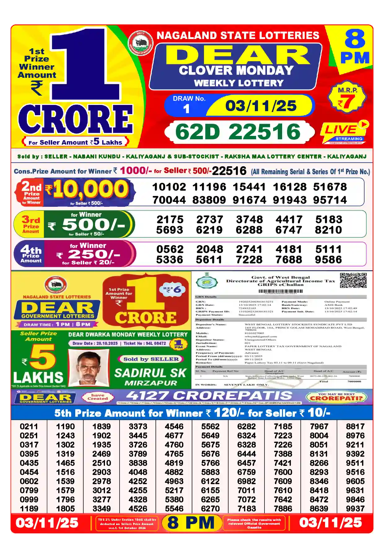 Lottery Sambad 03.11.25 Dear Lottery Result 8pm