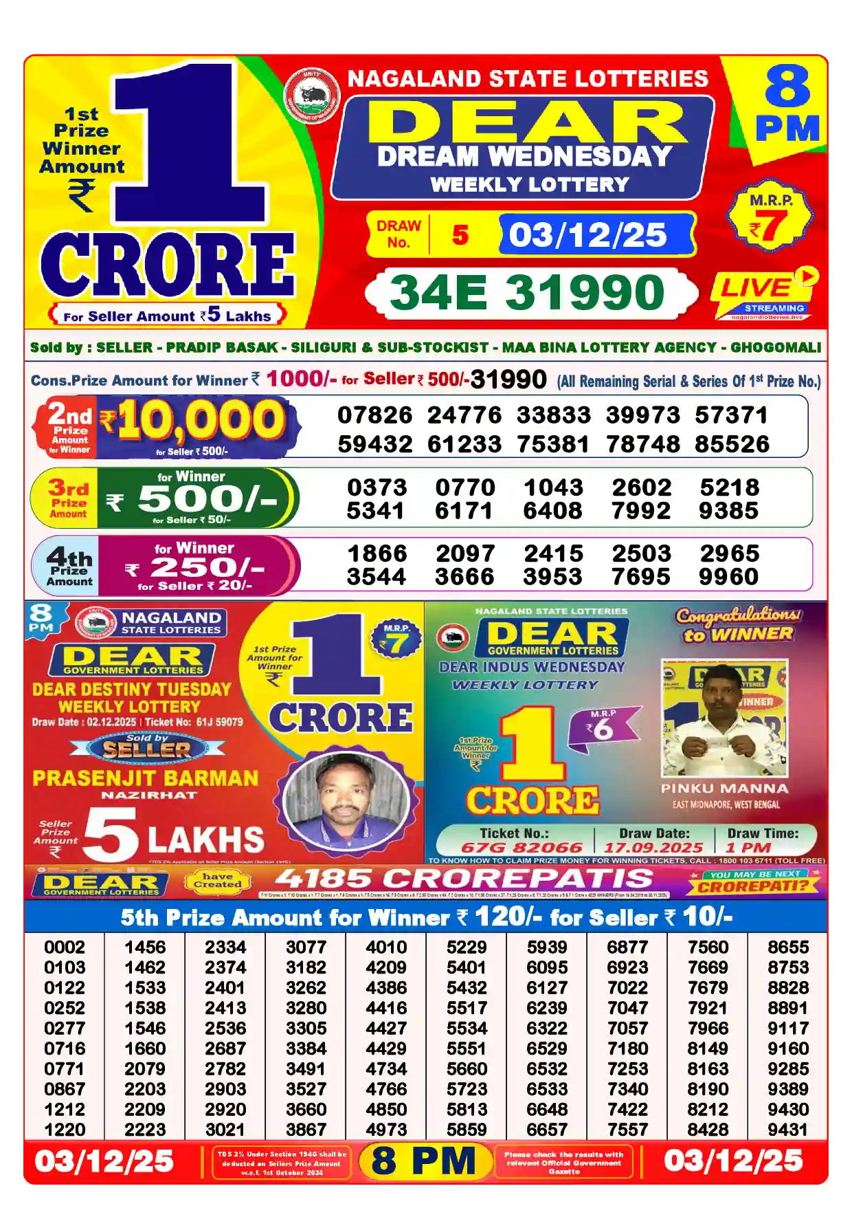 Lottery Sambad 03.12.25 Dear Lottery Result 8pm