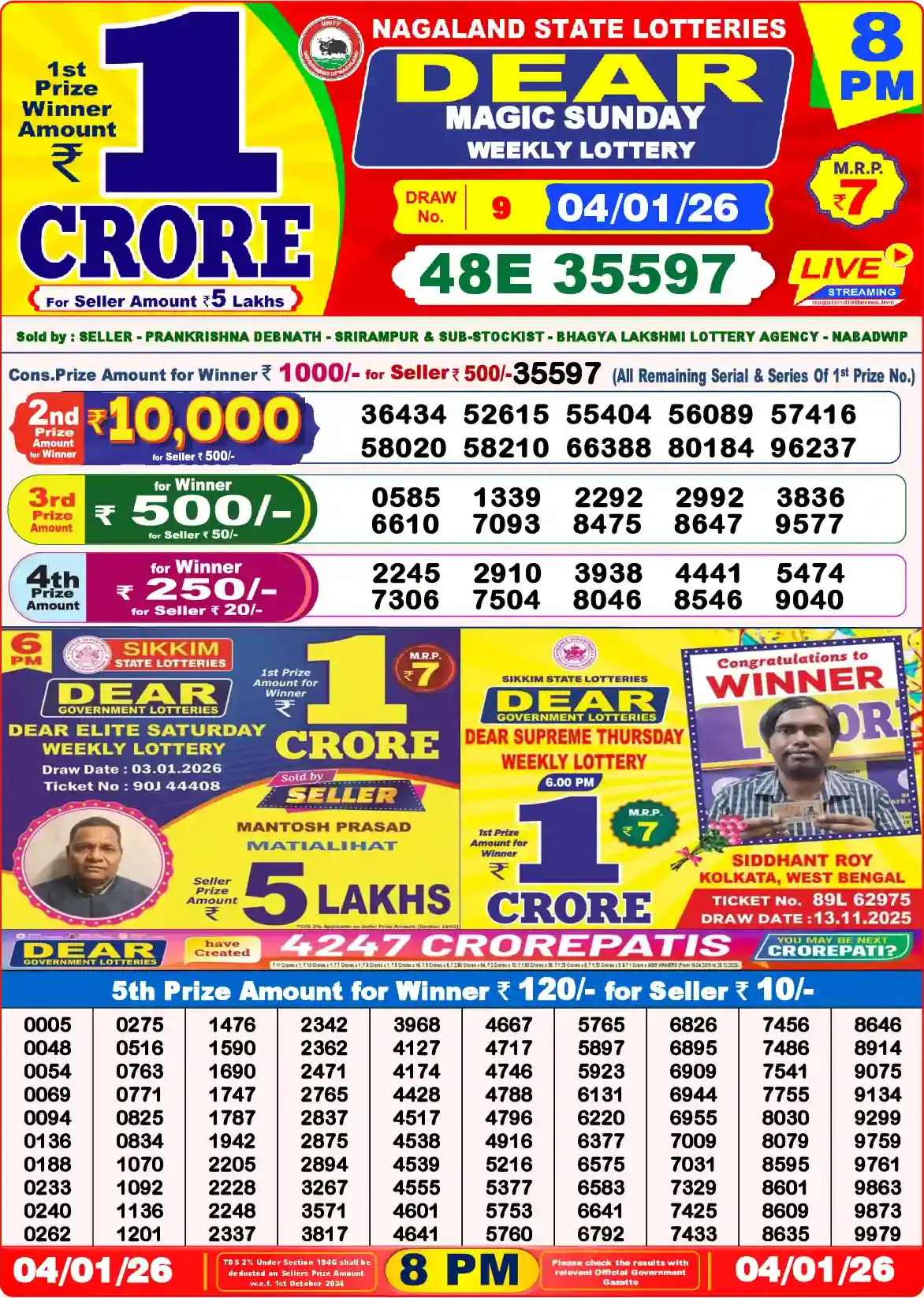Lottery Sambad 04.01.26 Dear Lottery Result 8pm