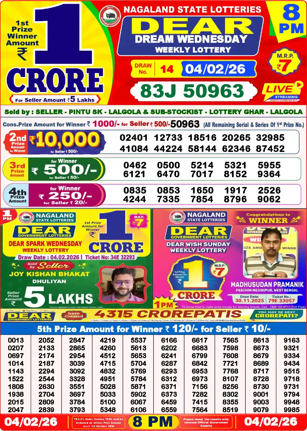 Lottery Sambad 04.02.26 Dear Lottery Result 8pm