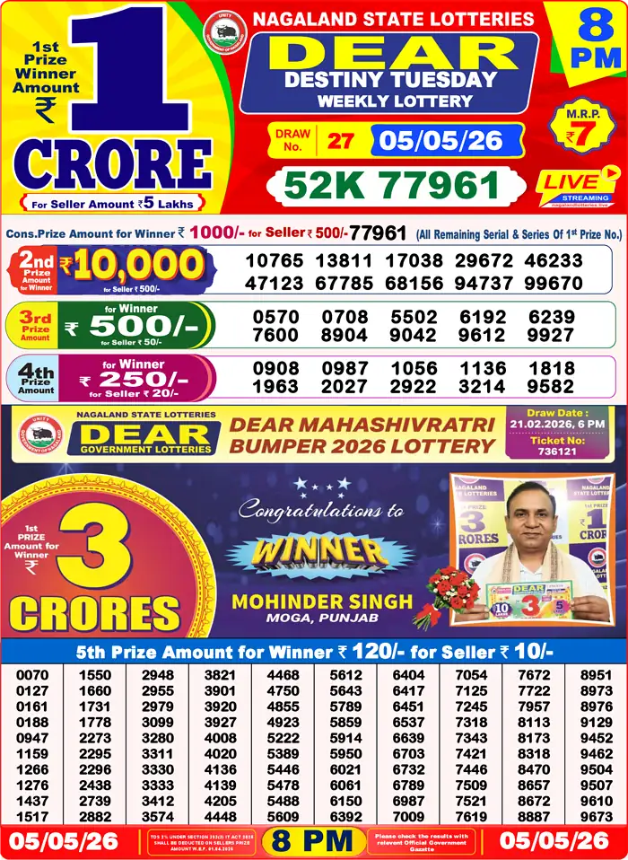 Lottery Sambad 05.05.26 Dear Lottery Result 8pm