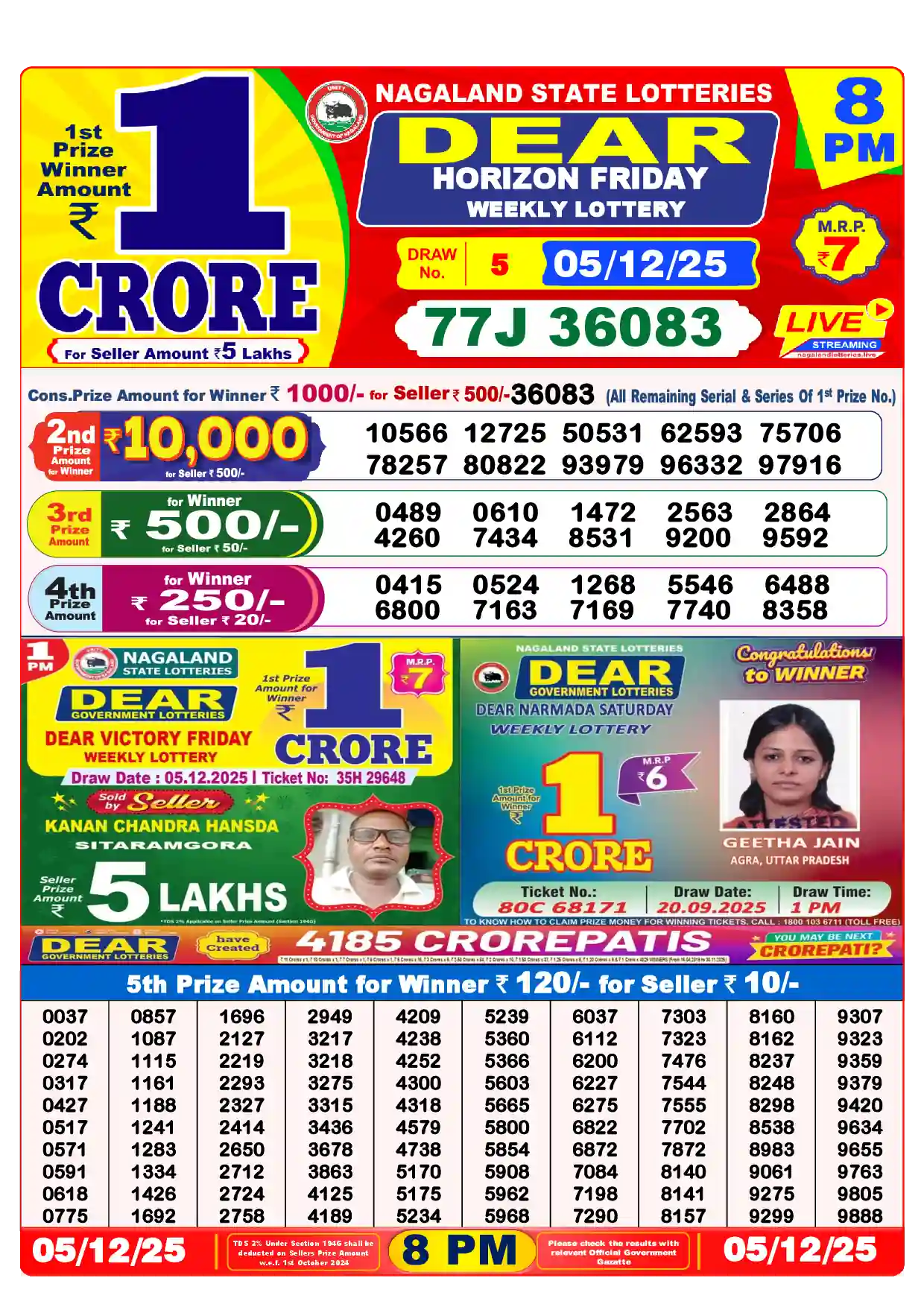 Lottery Sambad 05.12.25 Dear Lottery Result 8pm