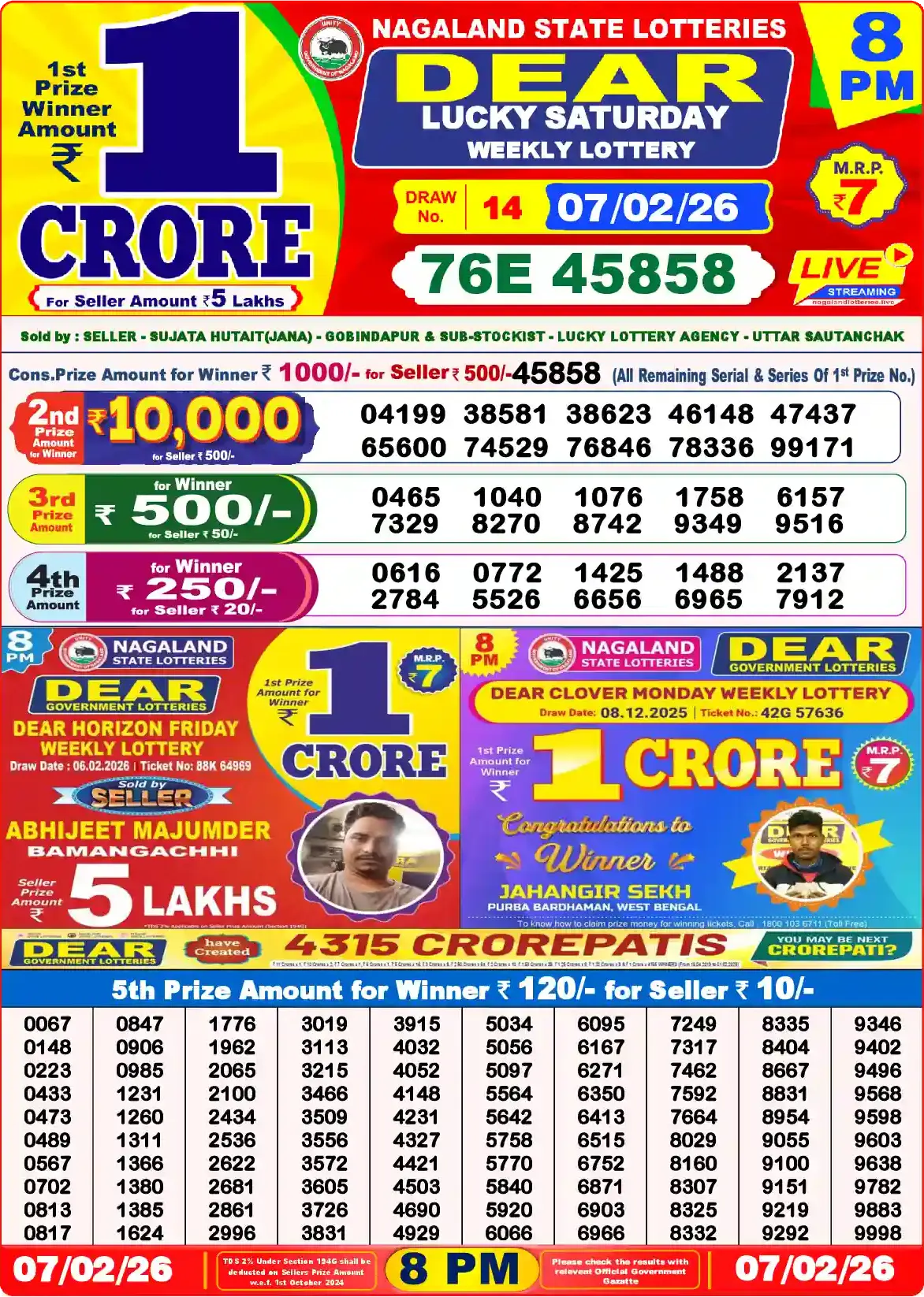 Lottery Sambad 07.02.26 Dear Lottery Result 8pm
