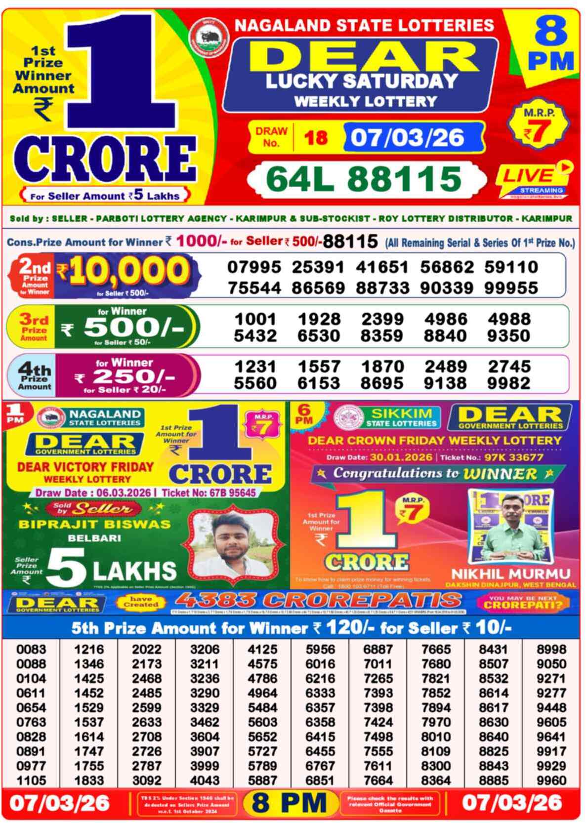 Lottery Sambad 07.03.26 Dear Lottery Result 8pm