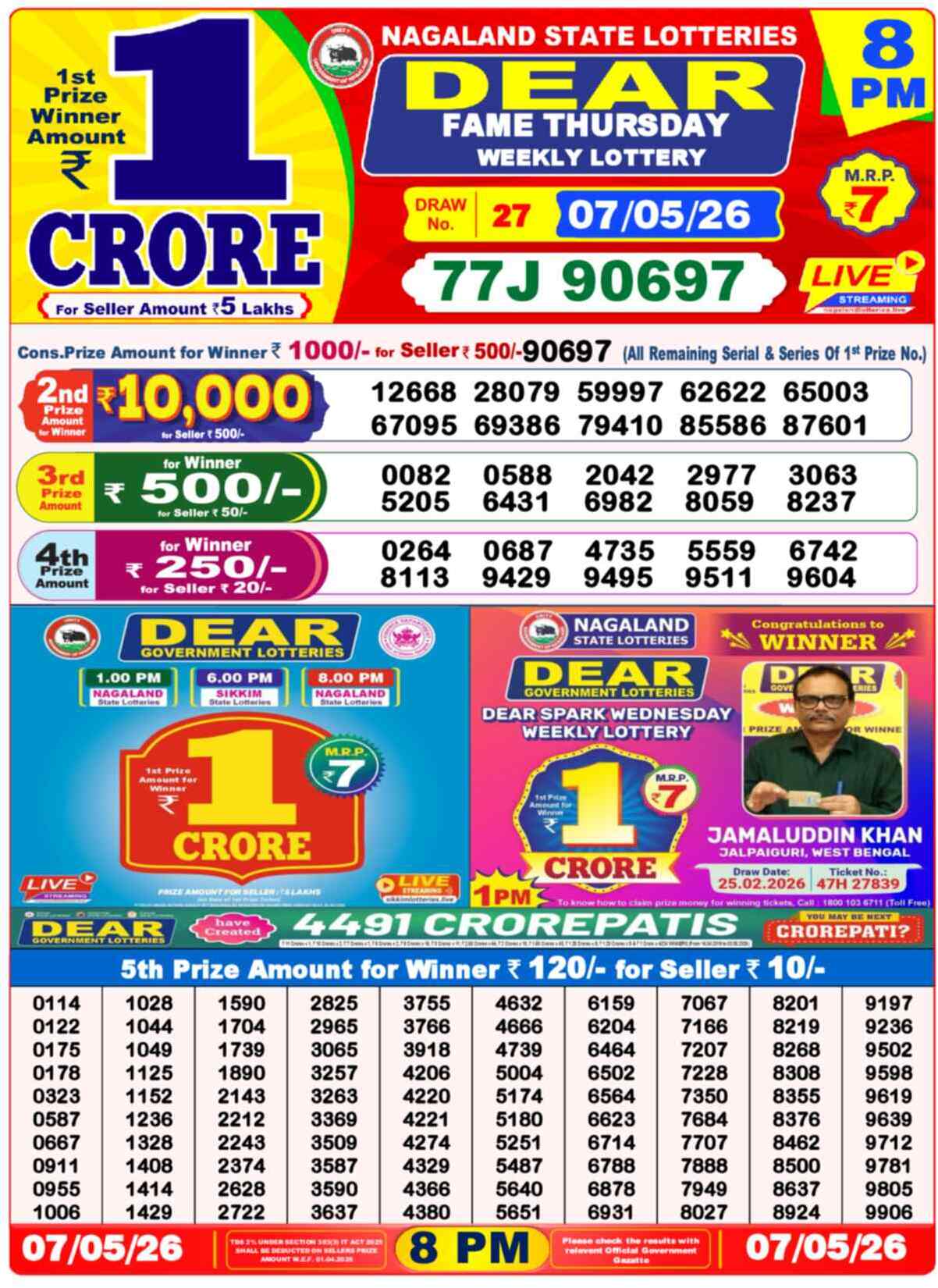 Lottery Sambad Today Result 8pm 07 May 2026