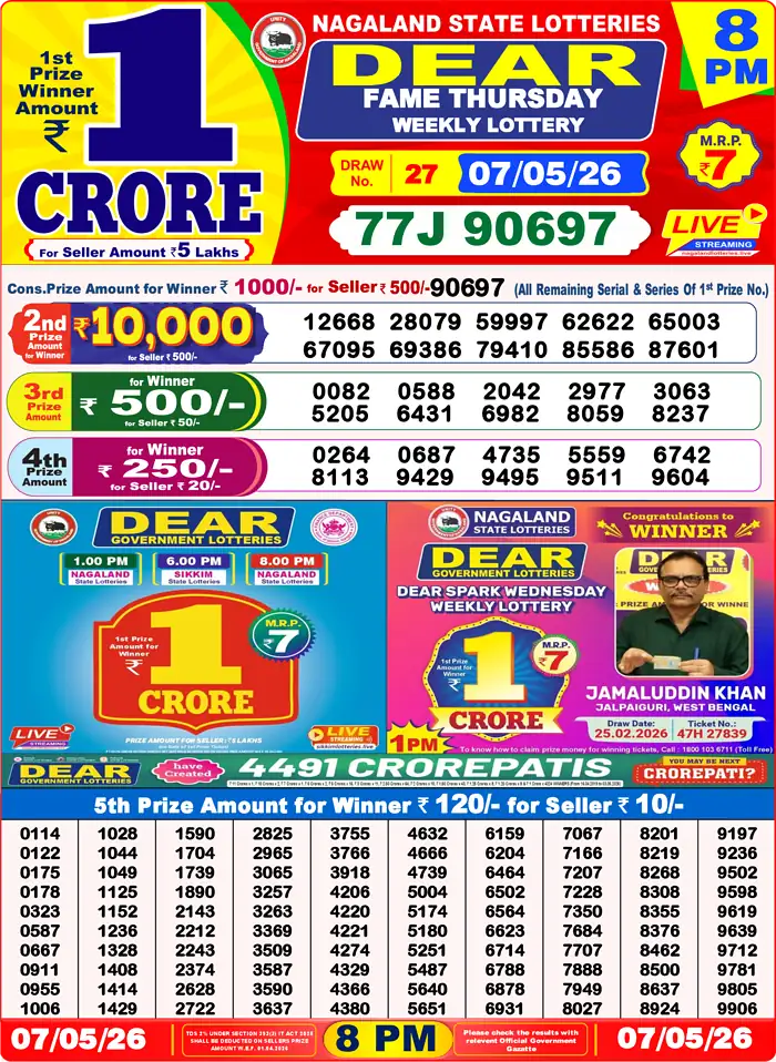 Lottery Sambad 07.05.26 Dear Lottery Result 8pm